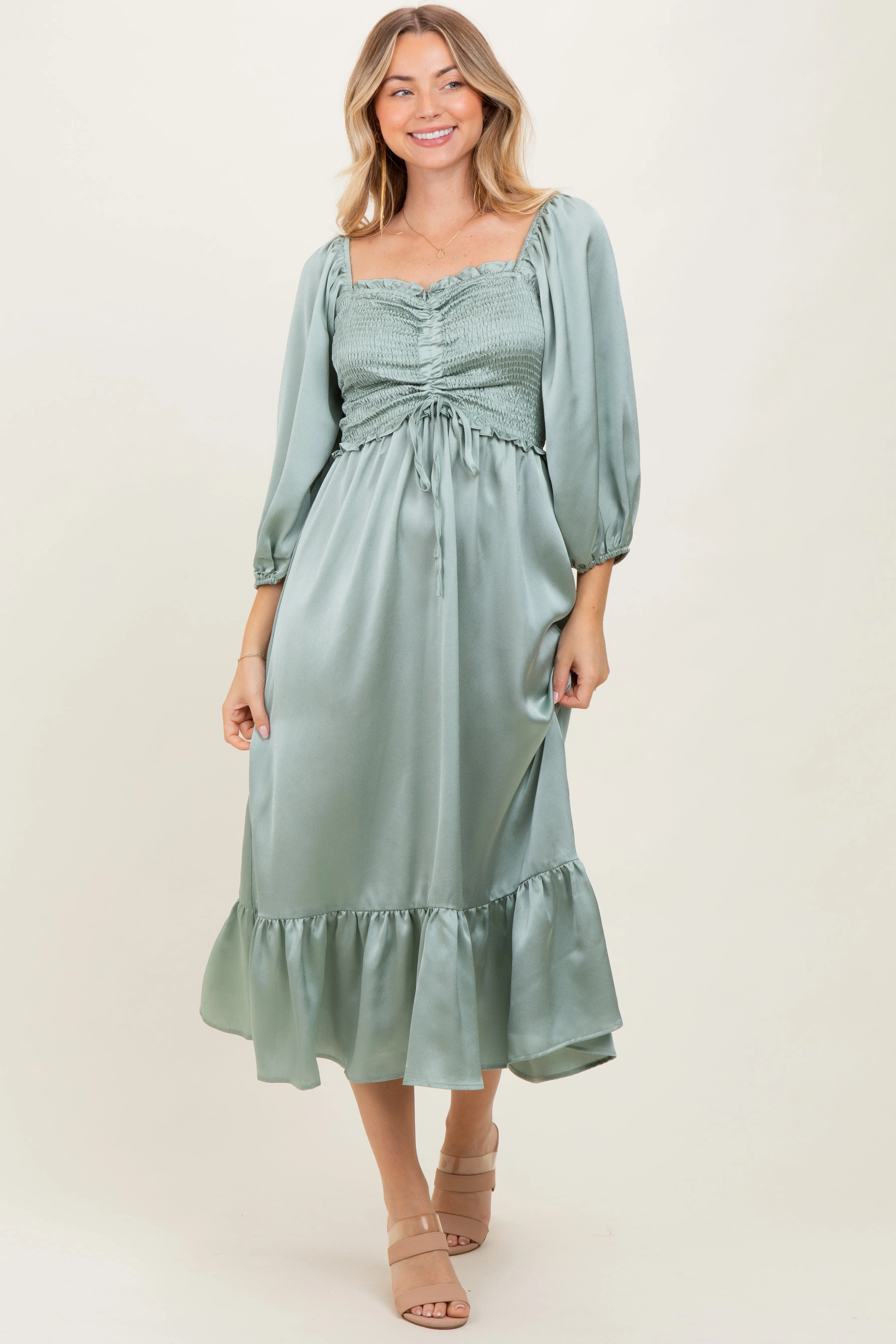 Light Olive Satin Smocked Cinched Bust Maternity Midi Dress sold by Pinkblush product image thumbnail 3