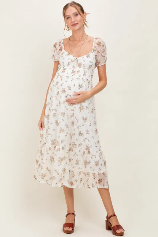 Ivory Floral Lace Overlay Puff Sleeve Maternity Midi Dress sold by Pinkblush