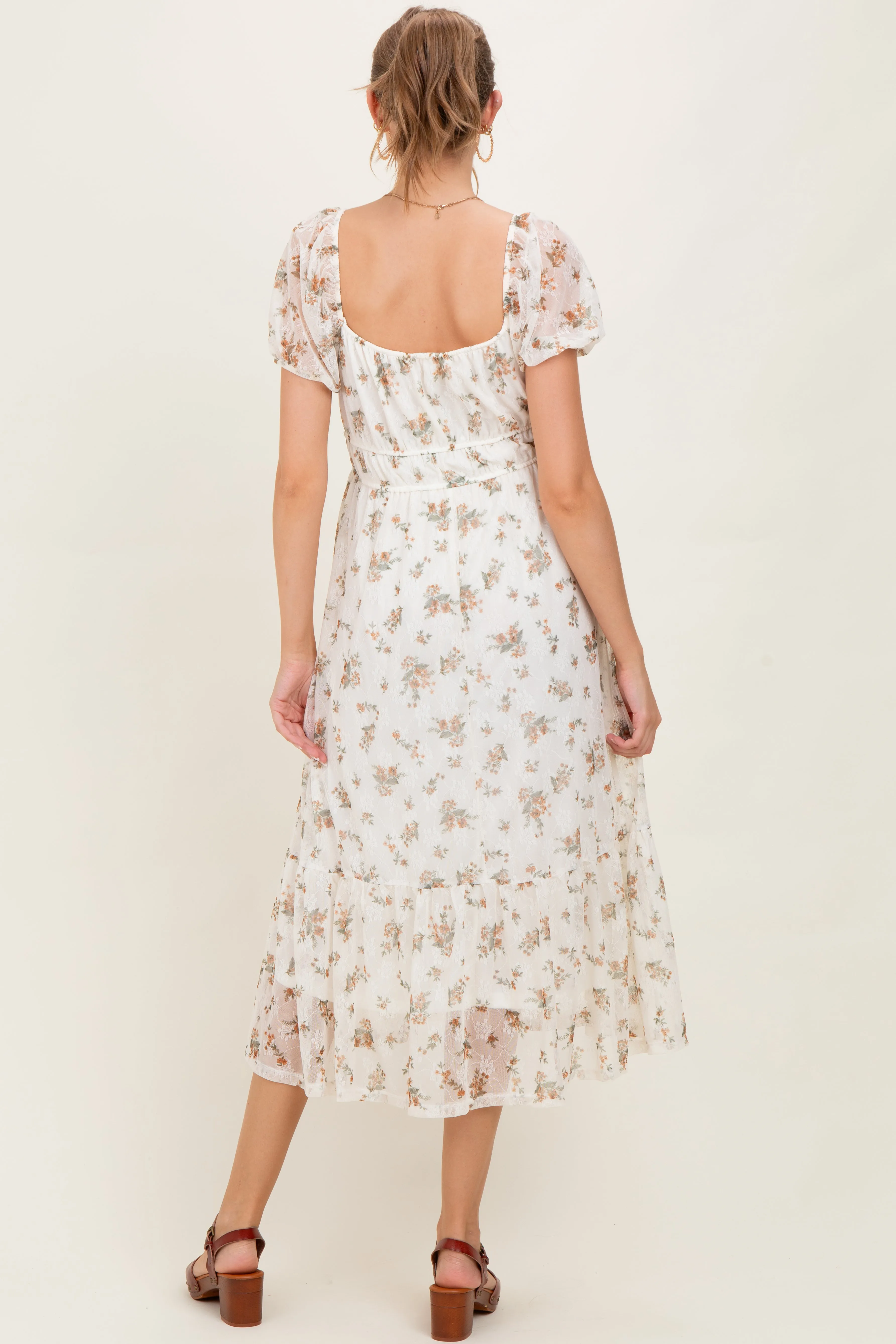 Ivory Floral Lace Overlay Puff Sleeve Maternity Midi Dress sold by Pinkblush product image thumbnail 5