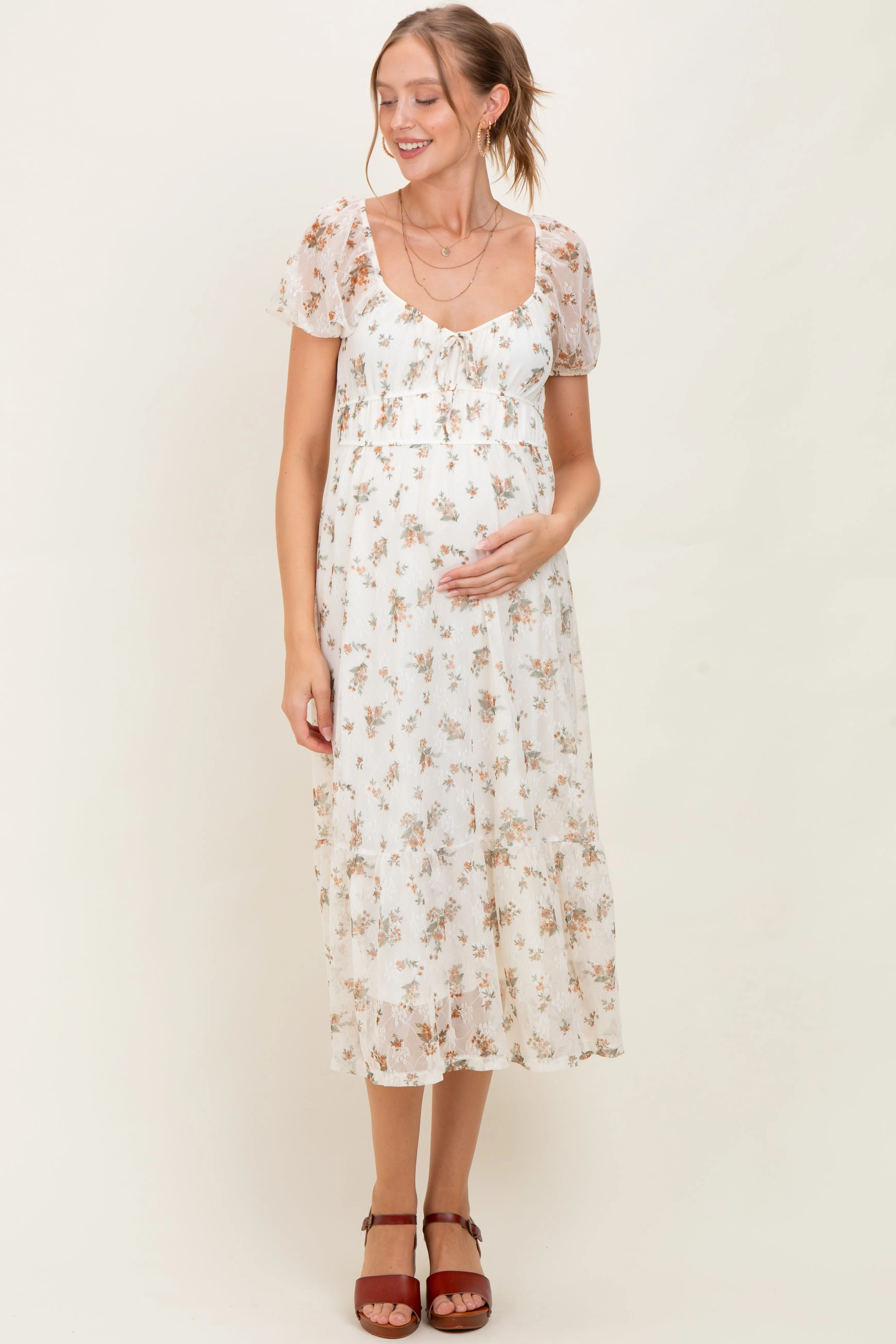 Ivory Floral Lace Overlay Puff Sleeve Maternity Midi Dress sold by Pinkblush product image thumbnail 2