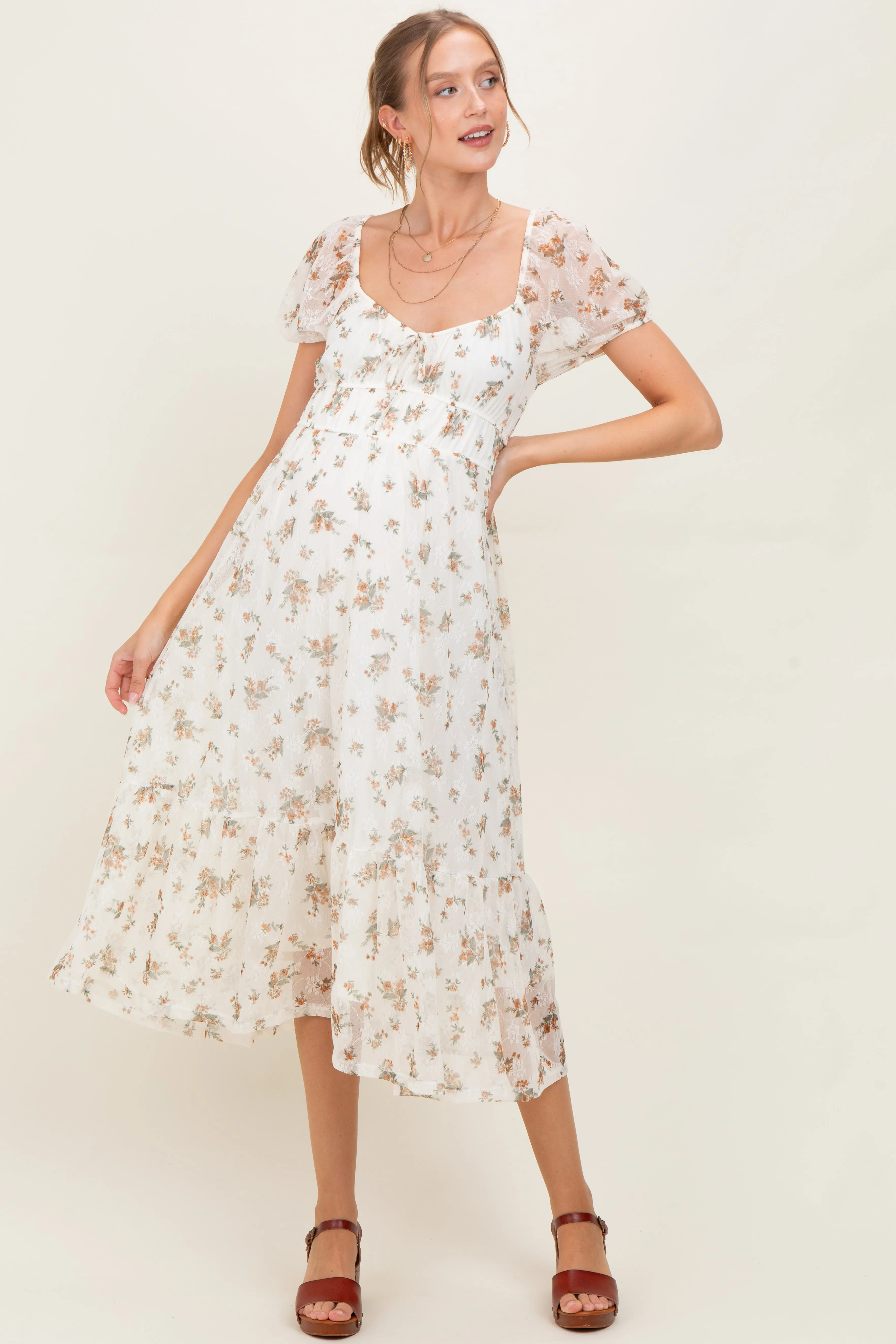 Ivory Floral Lace Overlay Puff Sleeve Maternity Midi Dress sold by Pinkblush product image thumbnail 3