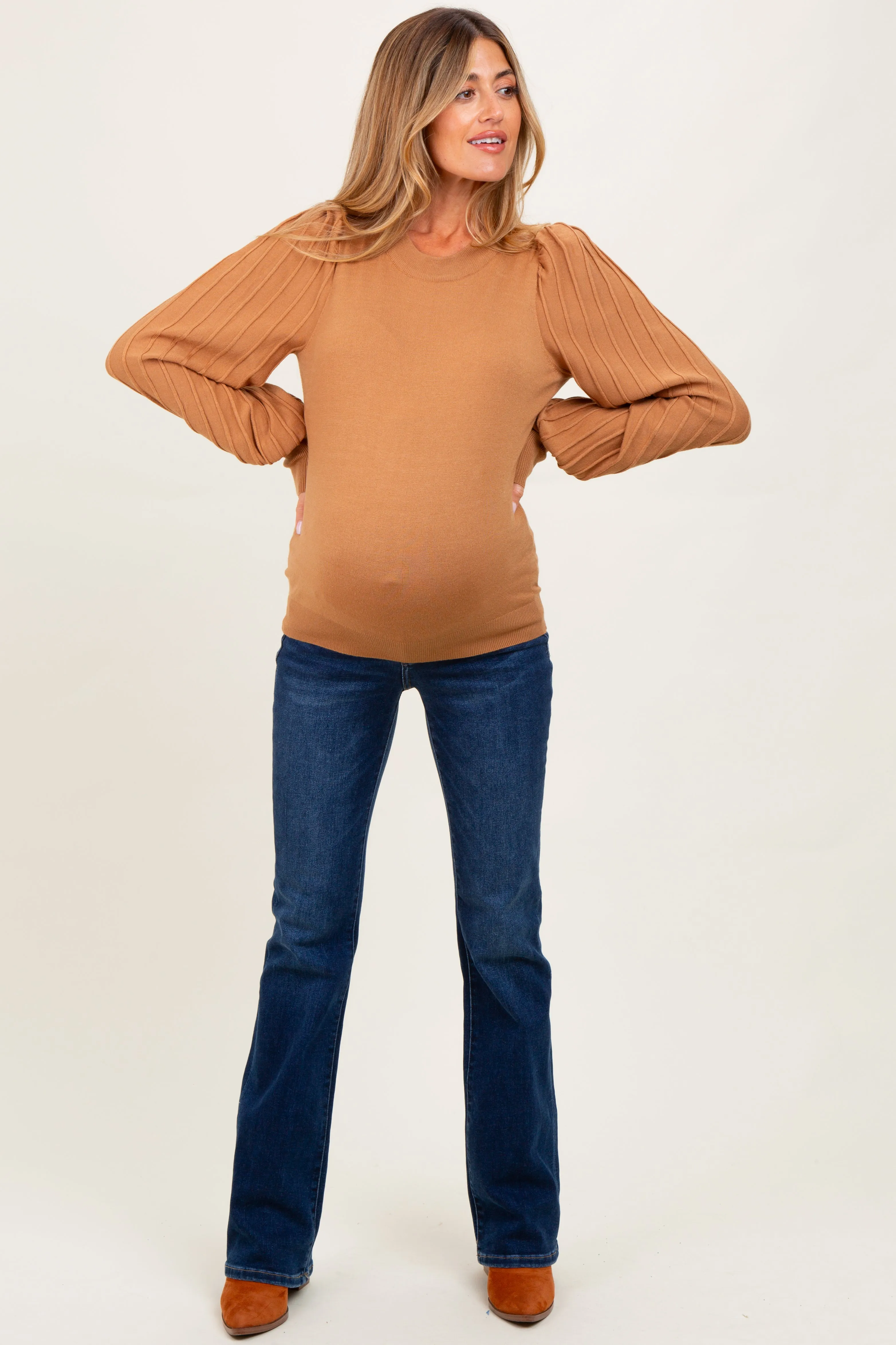Mocha Ribbed Bubble Sleeve Maternity Knit Top sold by Pinkblush product image thumbnail 3