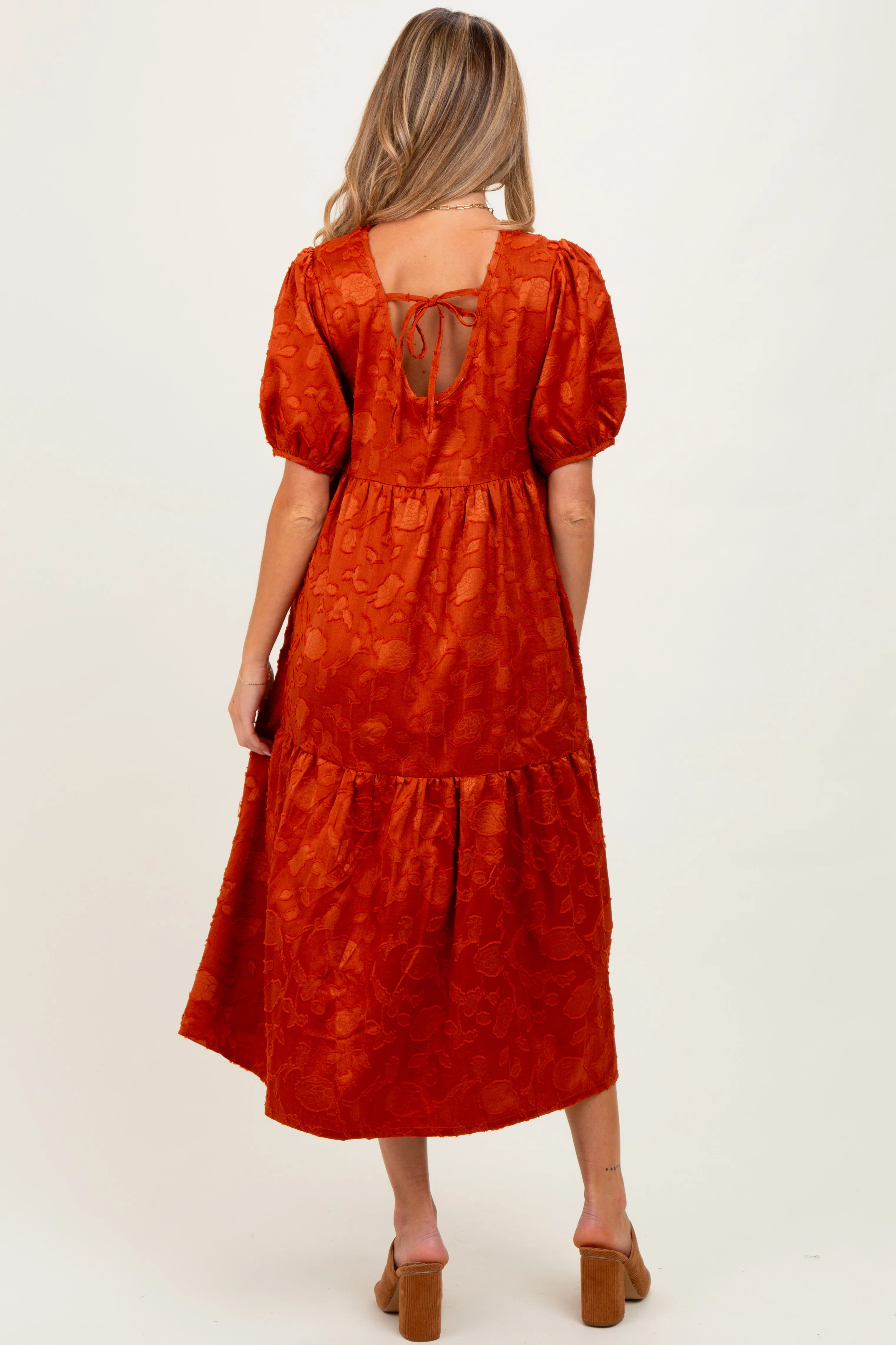 Rust Floral Jacquard Tie Detail Maternity Midi Dress sold by Pinkblush product image thumbnail 4