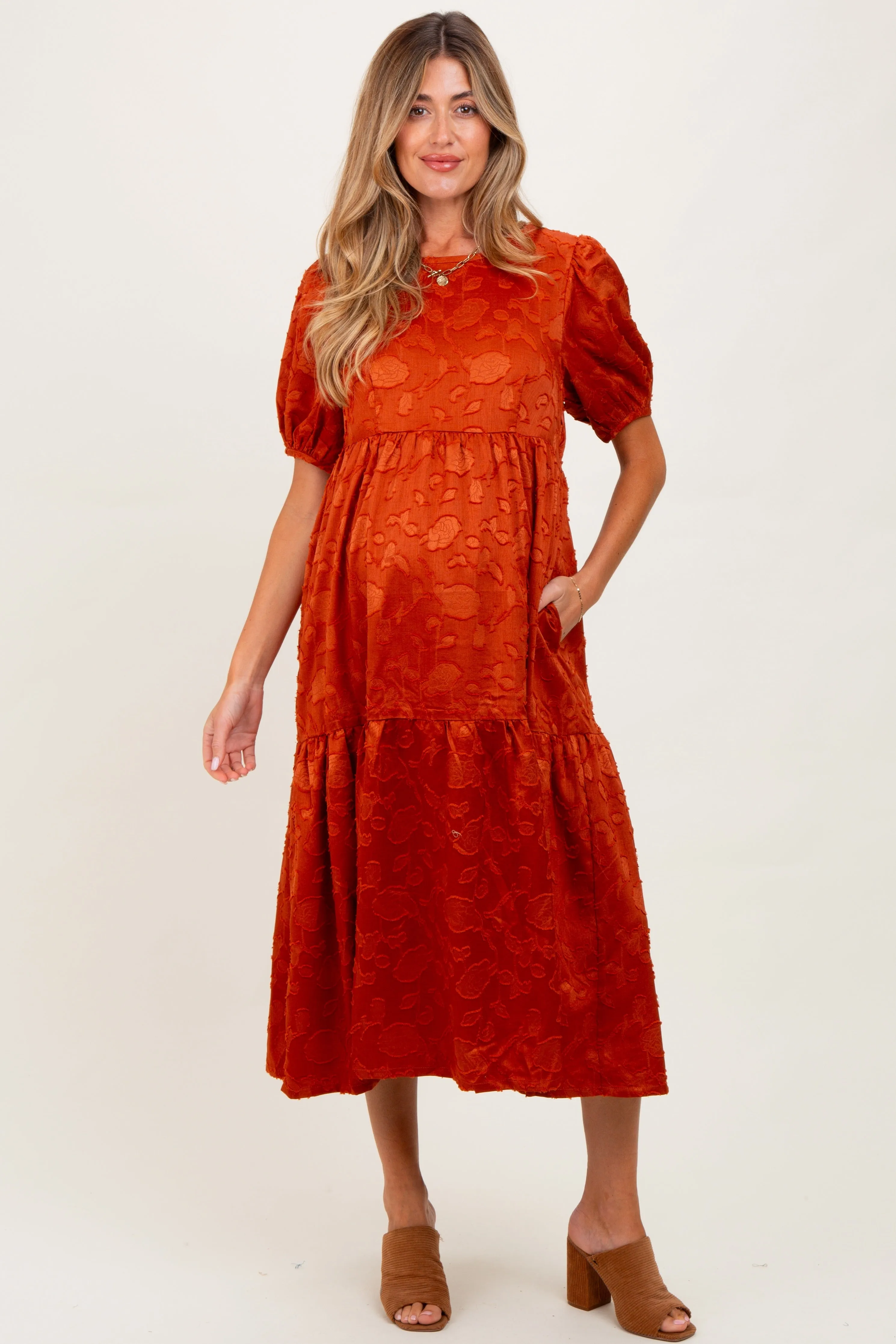 Rust Floral Jacquard Tie Detail Maternity Midi Dress sold by Pinkblush