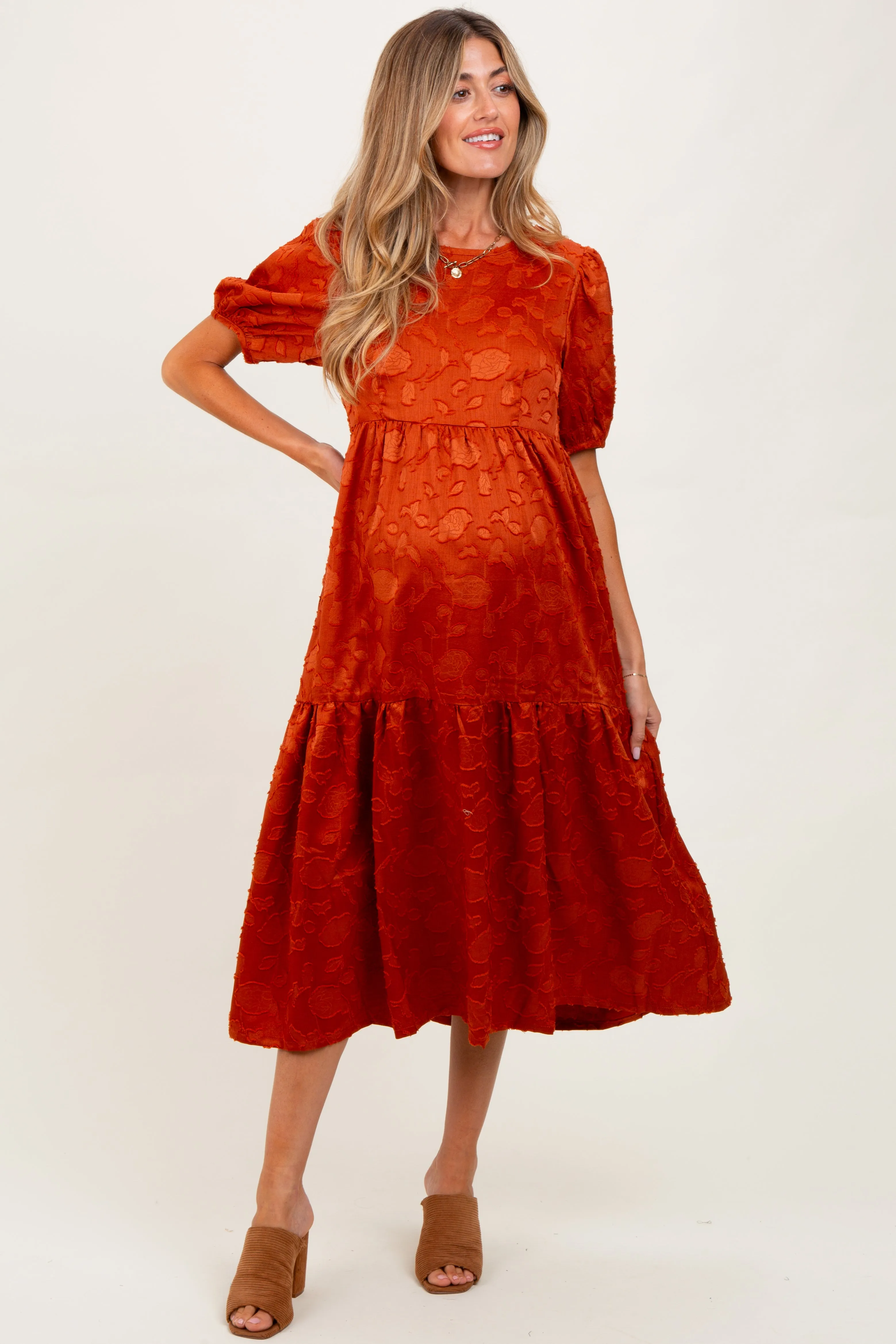 Rust Floral Jacquard Tie Detail Maternity Midi Dress sold by Pinkblush product image thumbnail 2
