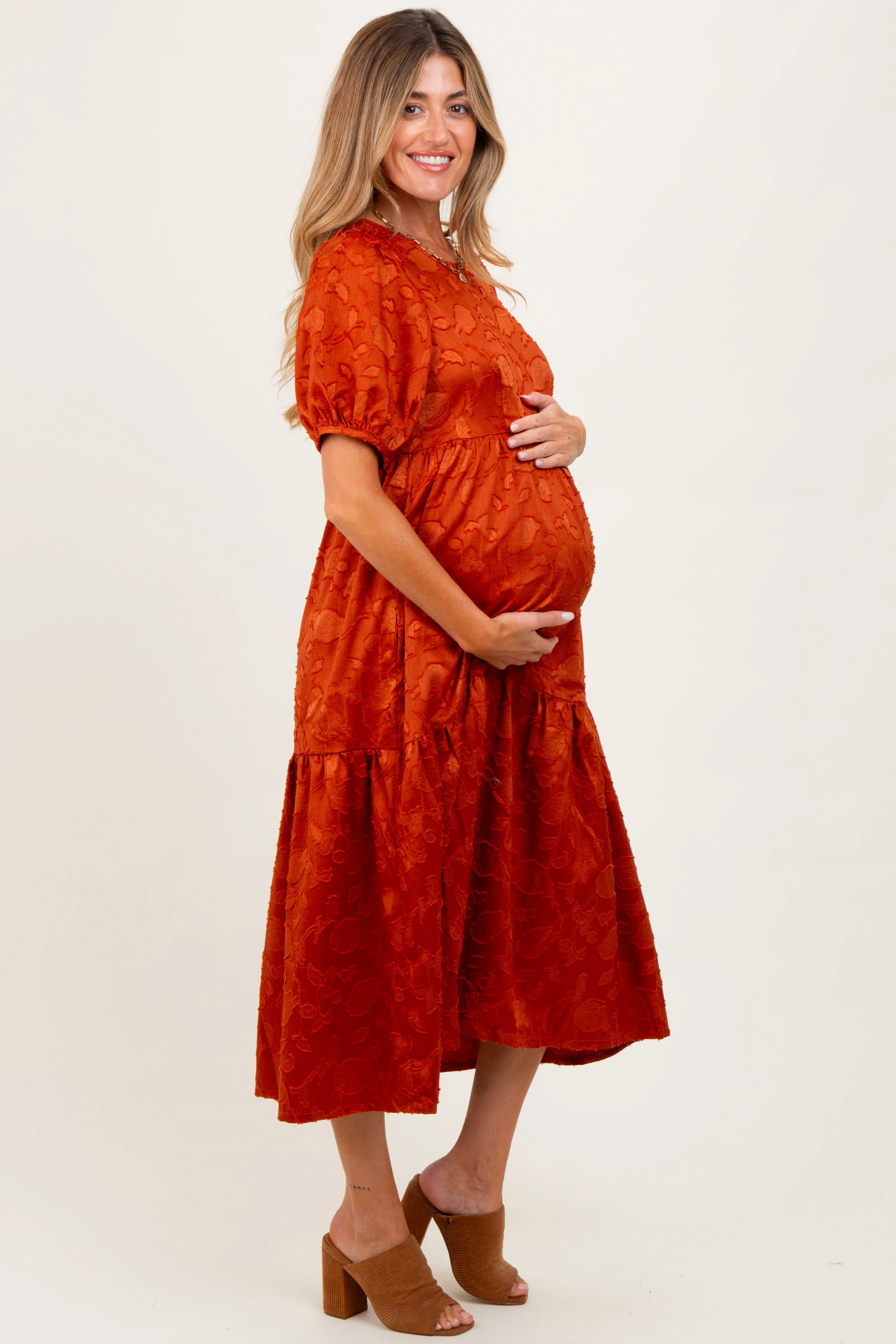 Rust Floral Jacquard Tie Detail Maternity Midi Dress sold by Pinkblush product image thumbnail 3