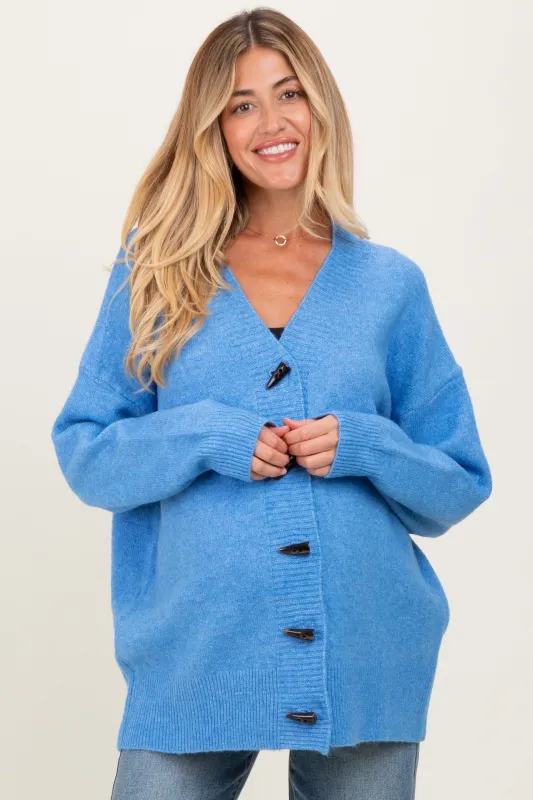 Blue Oversized Maternity Toggle Button Cardigan sold by Pinkblush
