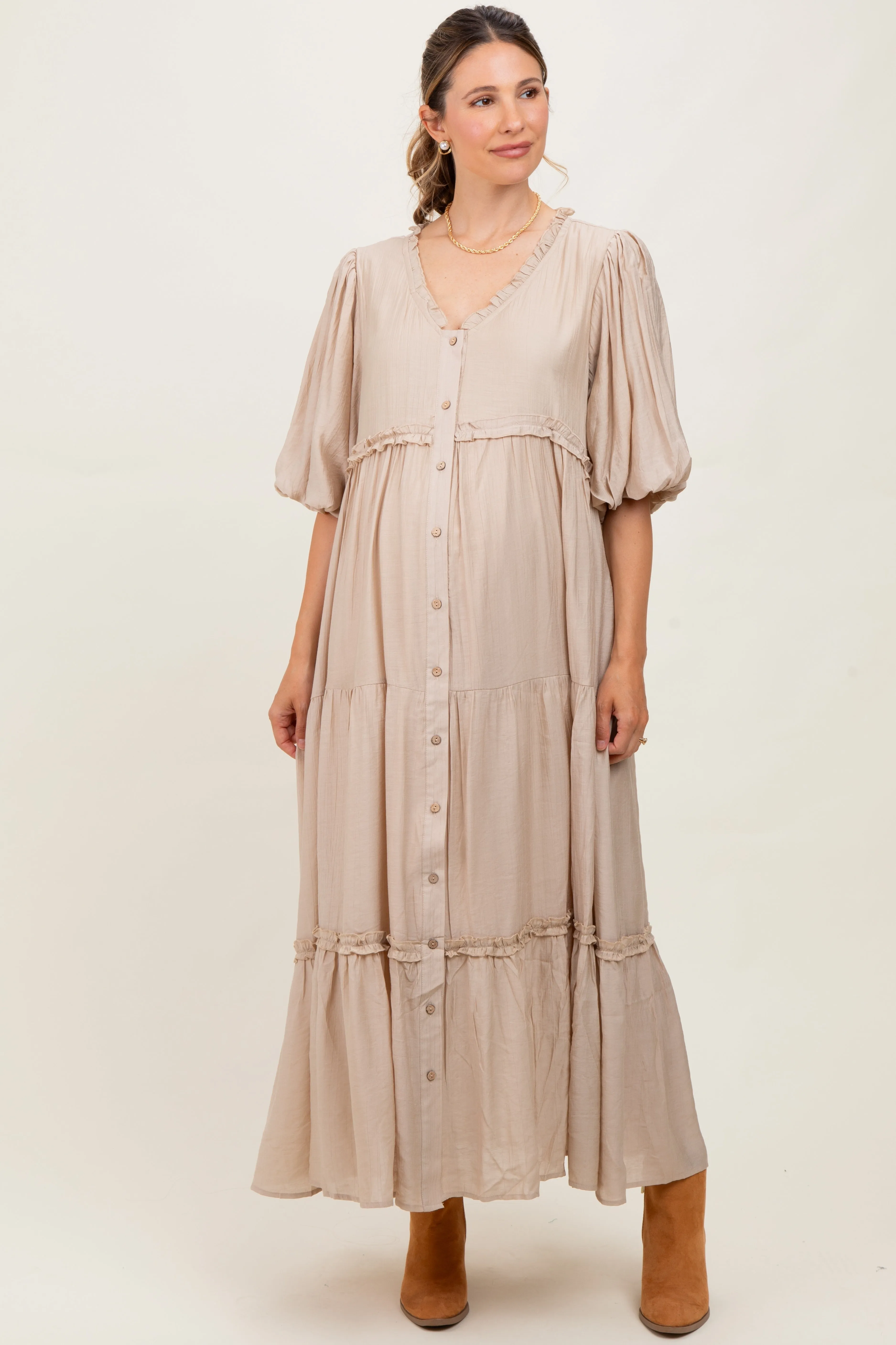 Beige Puff Short Sleeve Crepe Tiered Maternity Maxi Dress sold by Pinkblush