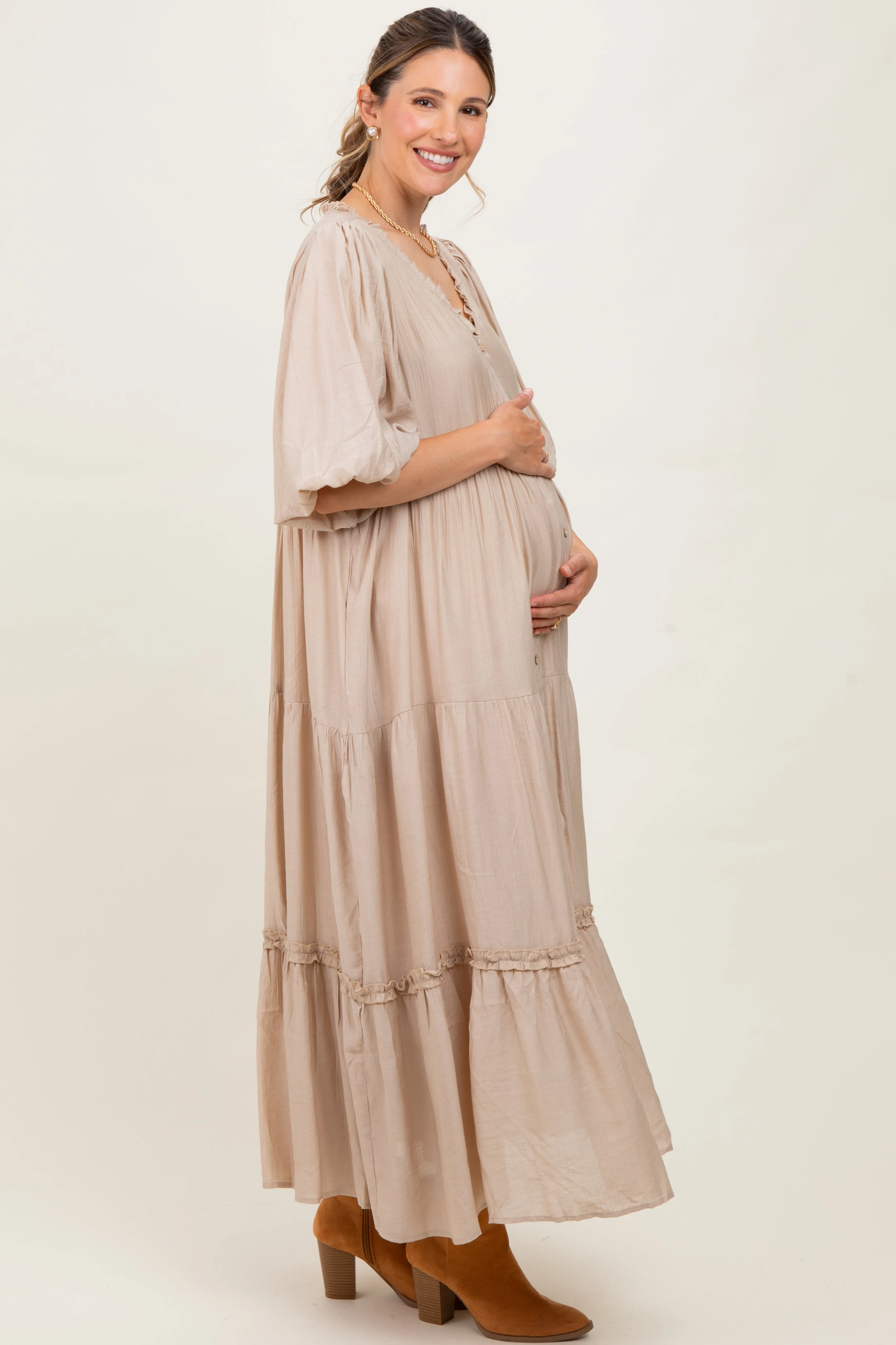 Beige Puff Short Sleeve Crepe Tiered Maternity Maxi Dress sold by Pinkblush product image thumbnail 2