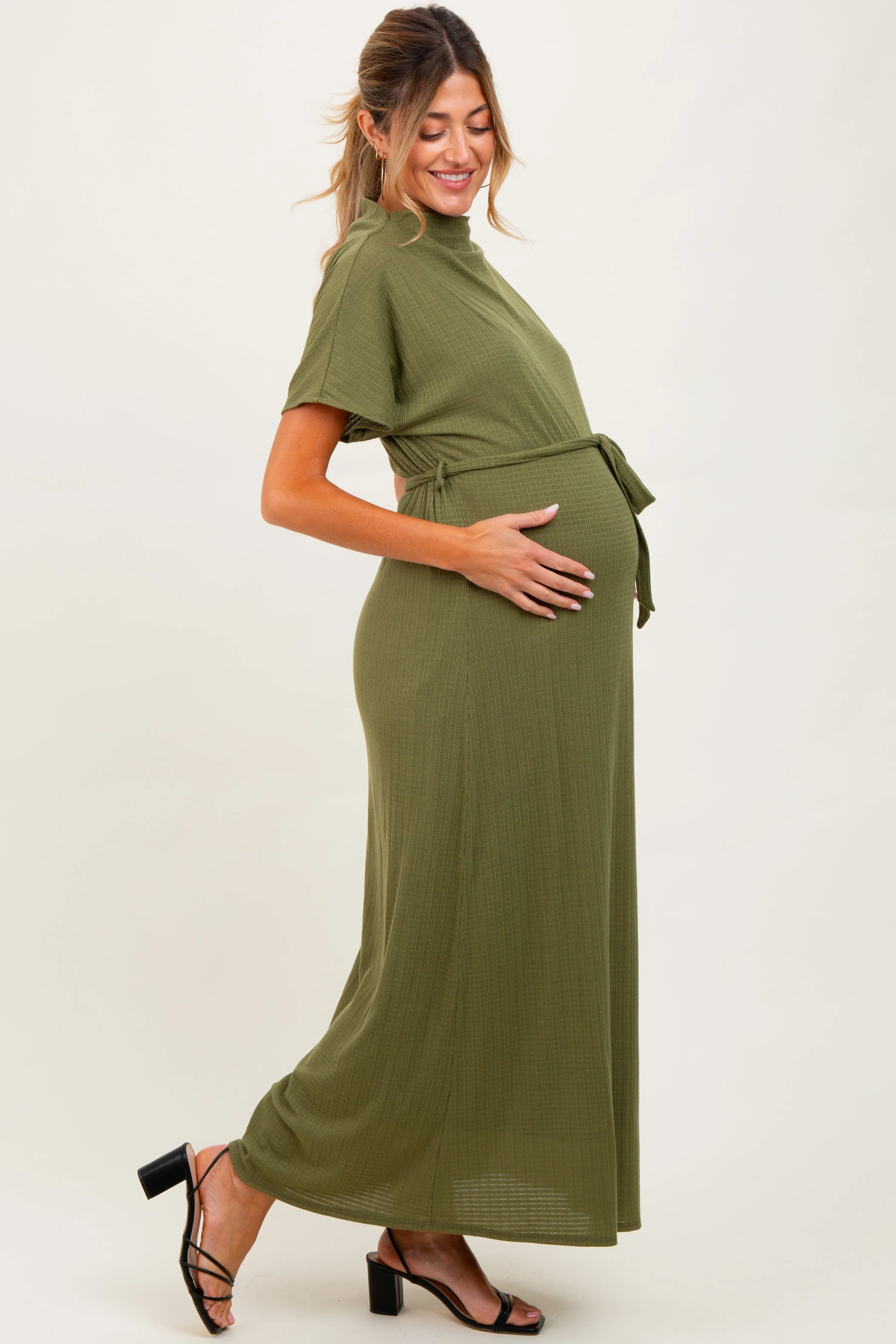 Olive Plaid Draped Neckline Sash Tie Maternity Maxi Dress sold by Pinkblush product image thumbnail 4