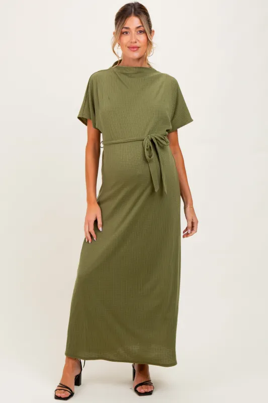 Olive Plaid Draped Neckline Sash Tie Maternity Maxi Dress sold by Pinkblush