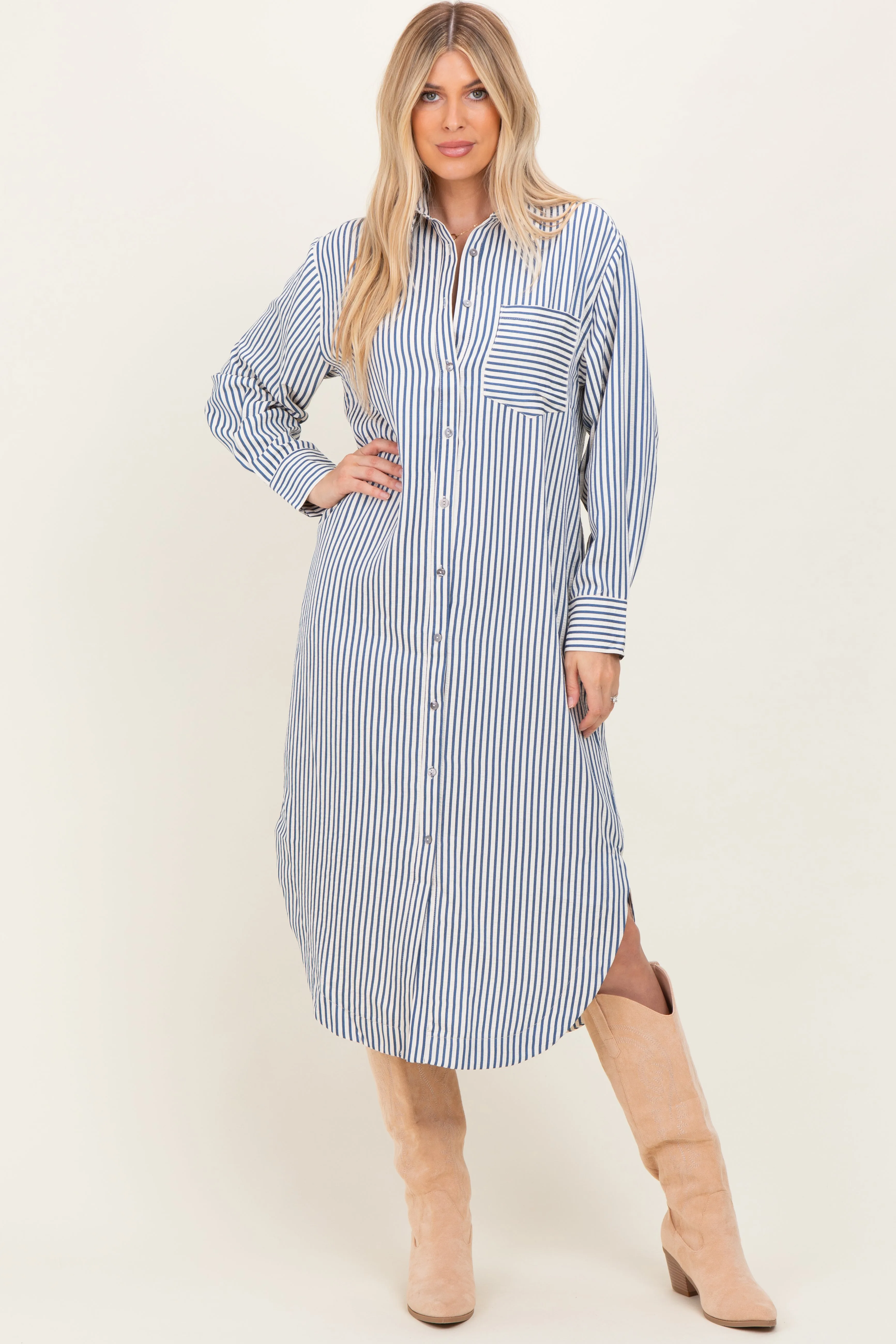 Navy Textured Stripe Button Down Maternity Shirt Dress sold by Pinkblush product image thumbnail 4