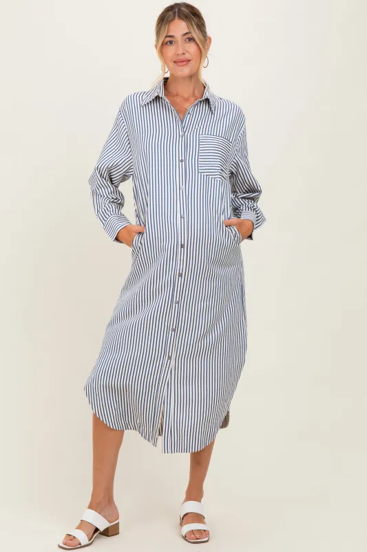 Navy Textured Stripe Button Down Maternity Shirt Dress sold by Pinkblush