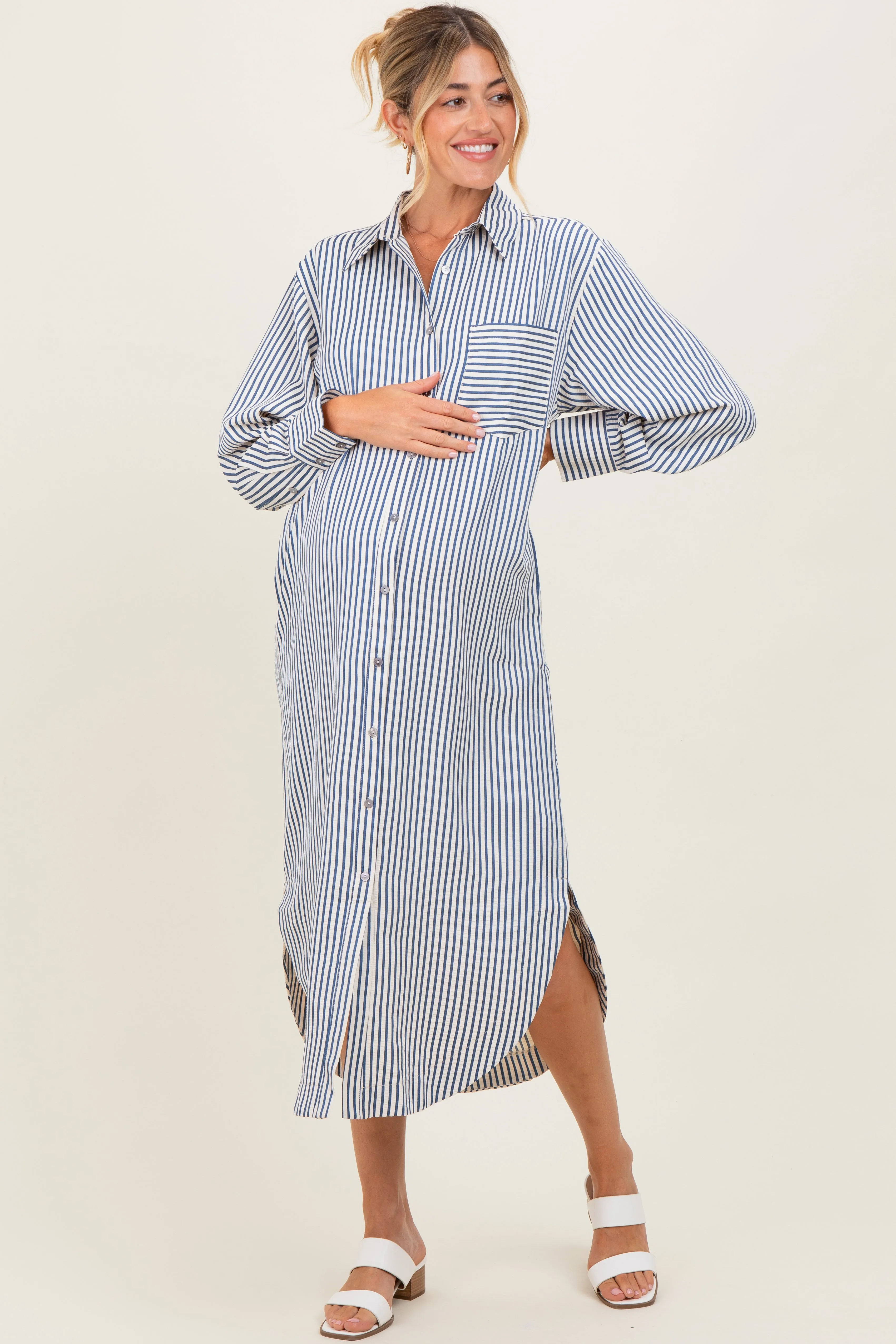 Navy Textured Stripe Button Down Maternity Shirt Dress sold by Pinkblush product image thumbnail 2