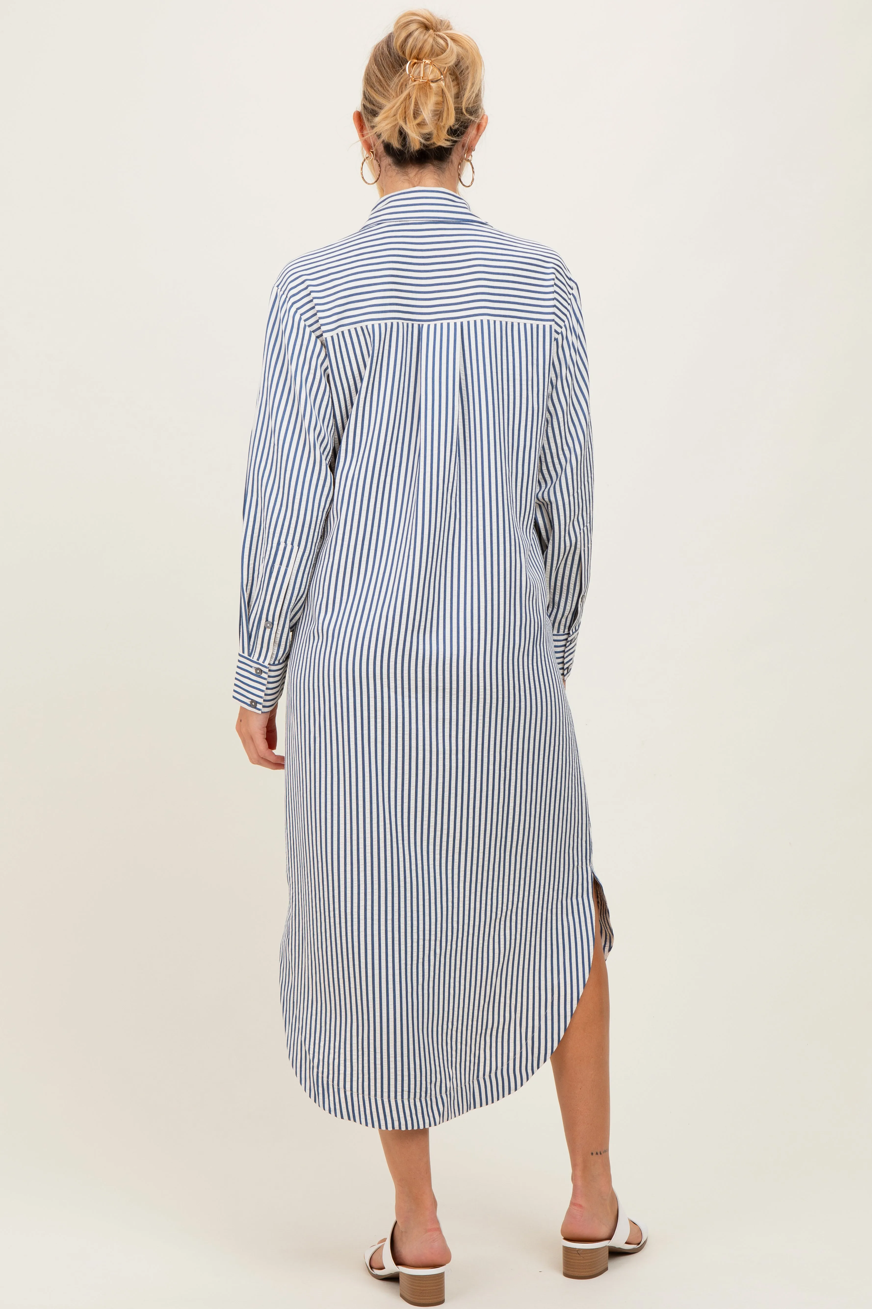 Navy Textured Stripe Button Down Maternity Shirt Dress sold by Pinkblush product image thumbnail 3