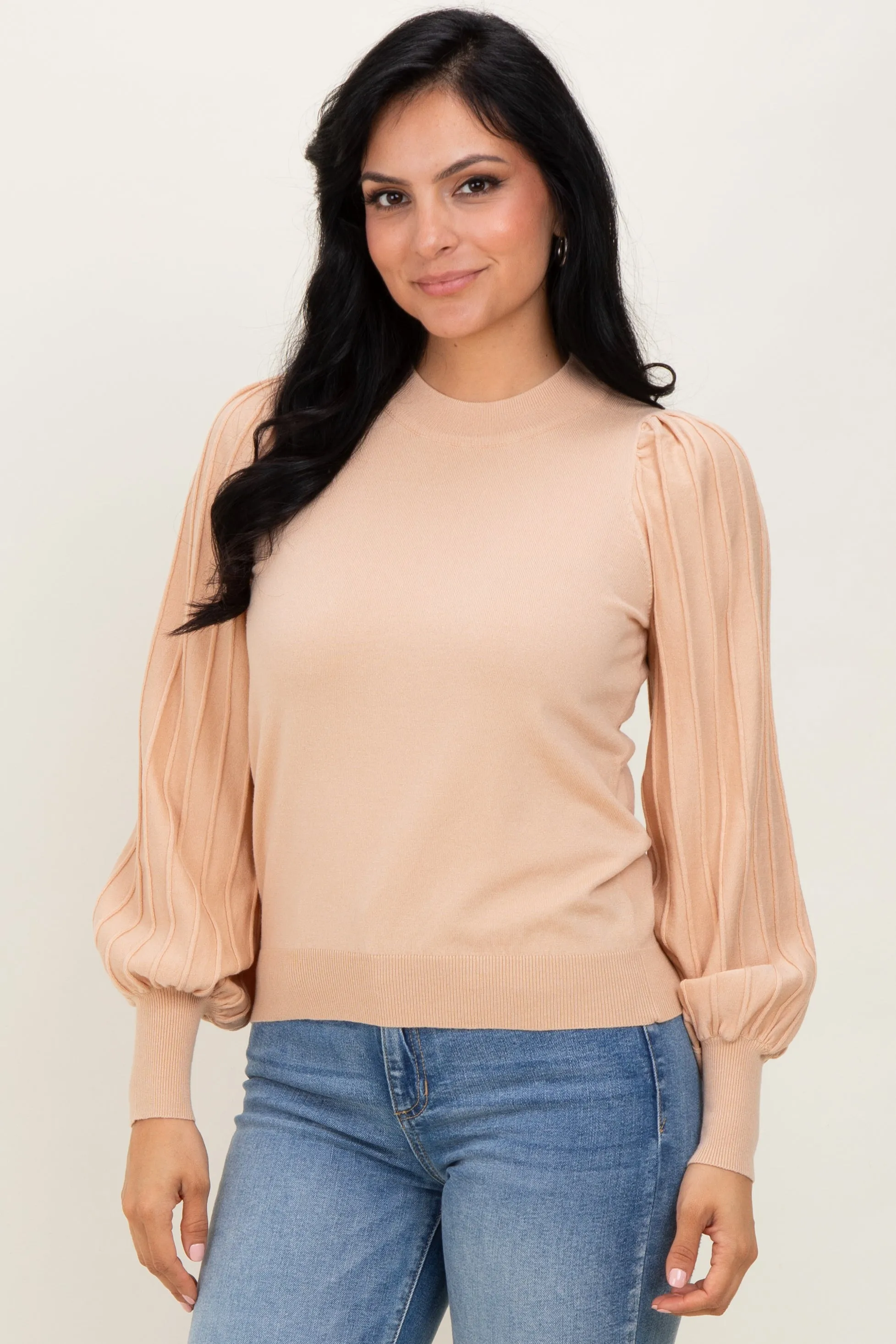 Beige Ribbed Bubble Sleeve Maternity Knit Top sold by Pinkblush product image thumbnail 4