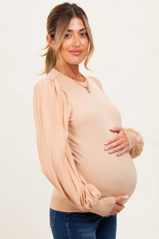 Beige Ribbed Bubble Sleeve Maternity Knit Top sold by Pinkblush
