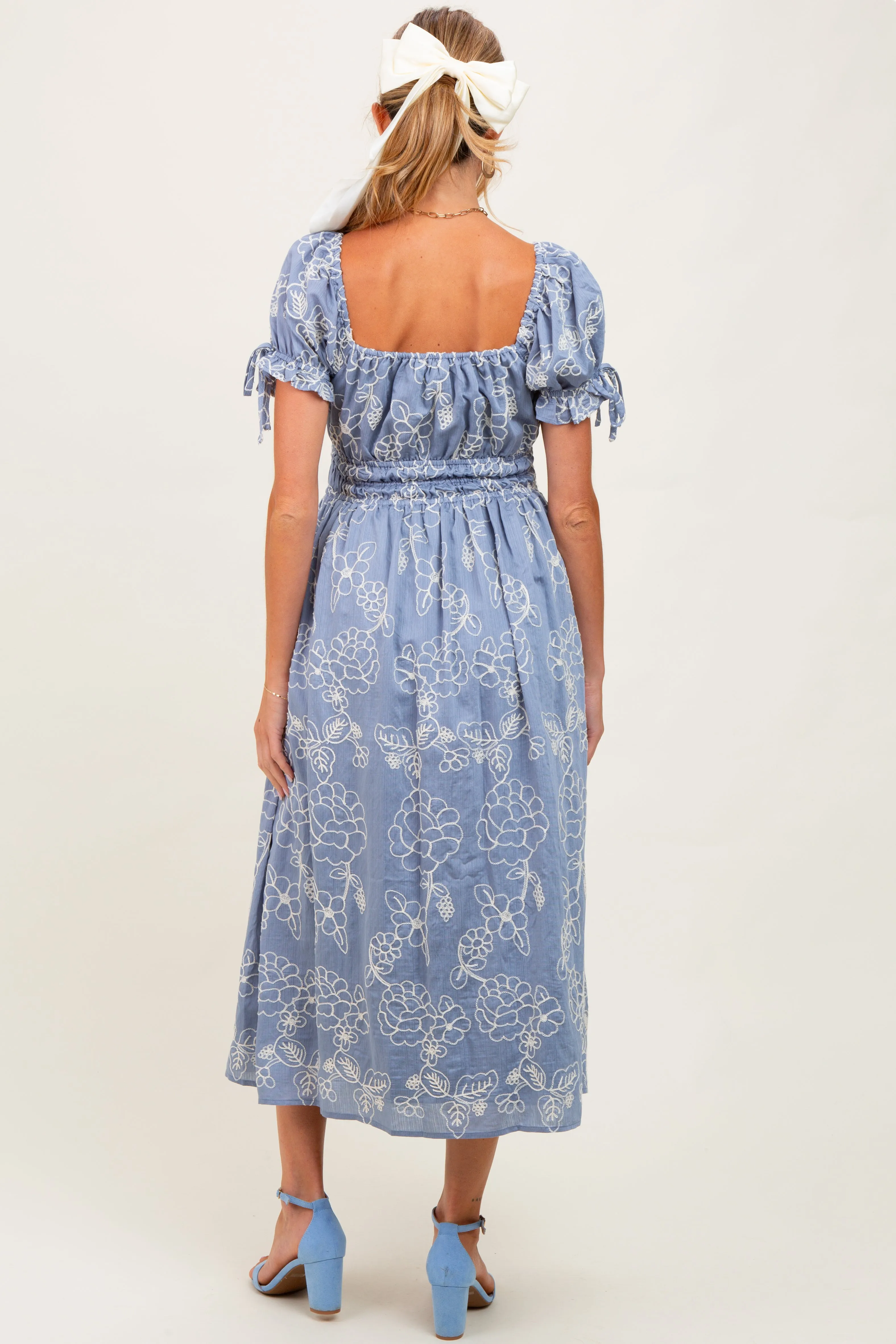 Denim Blue Floral Embroidered Maternity Midi Dress sold by Pinkblush product image thumbnail 3