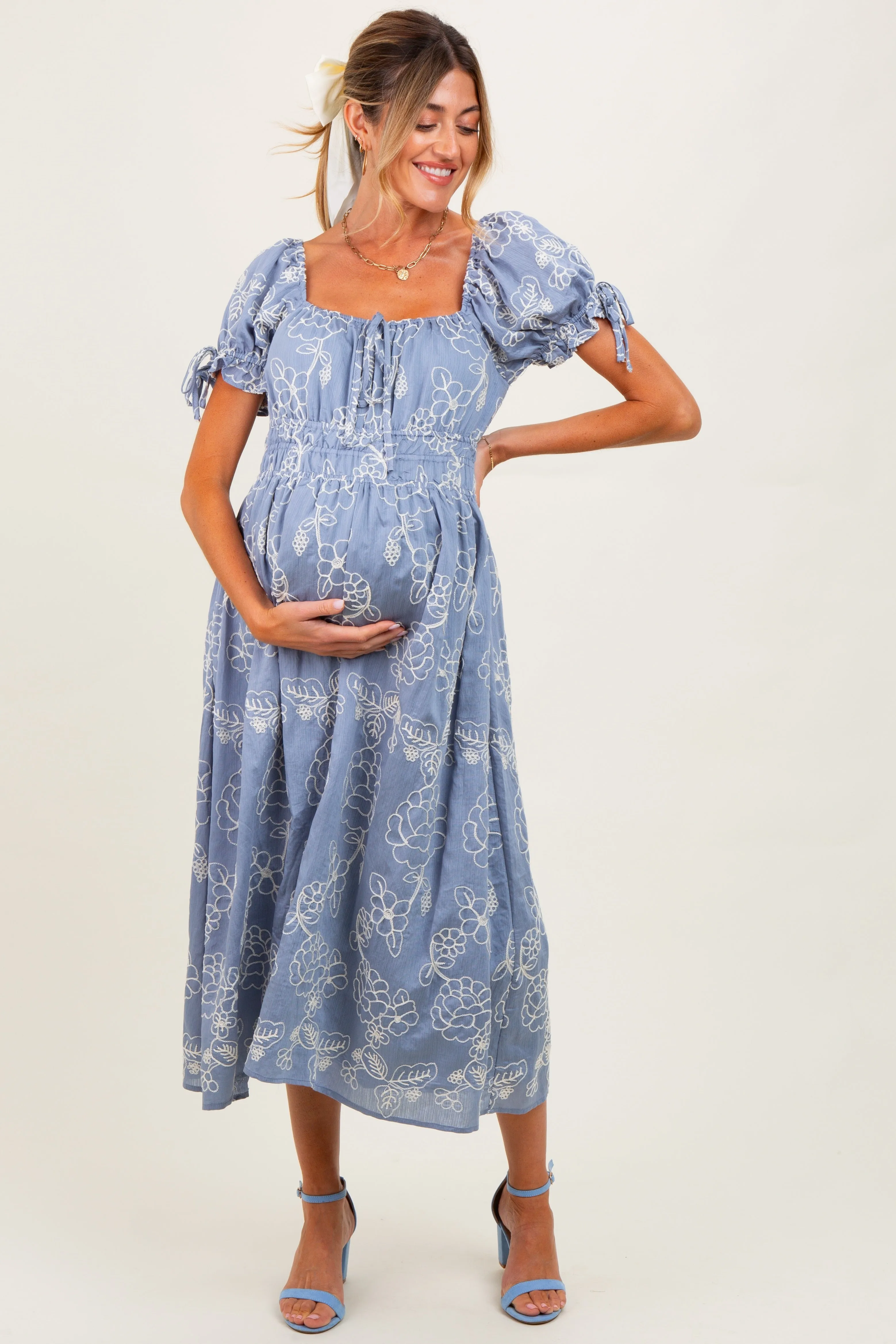 Denim Blue Floral Embroidered Maternity Midi Dress sold by Pinkblush