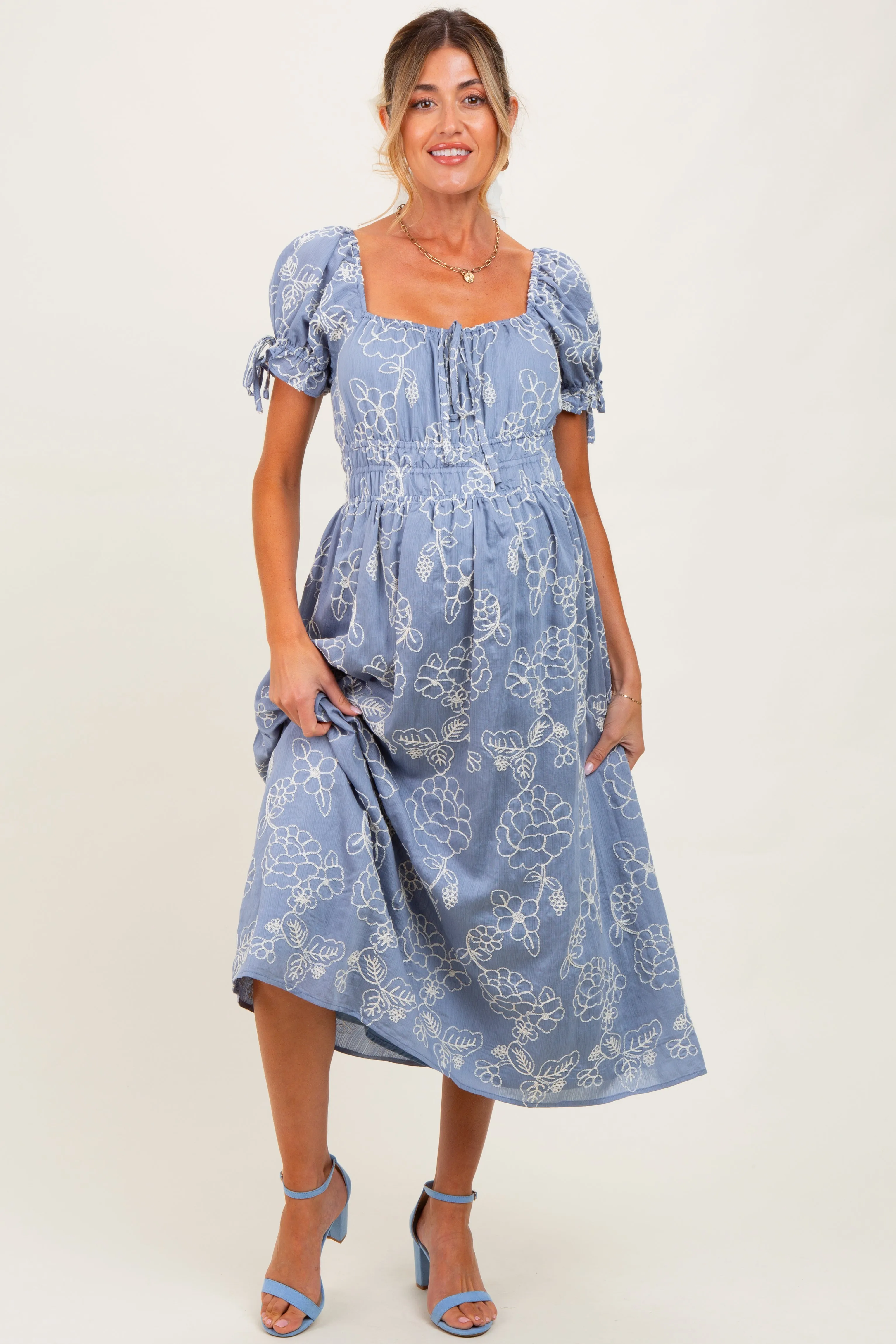 Denim Blue Floral Embroidered Maternity Midi Dress sold by Pinkblush product image thumbnail 2