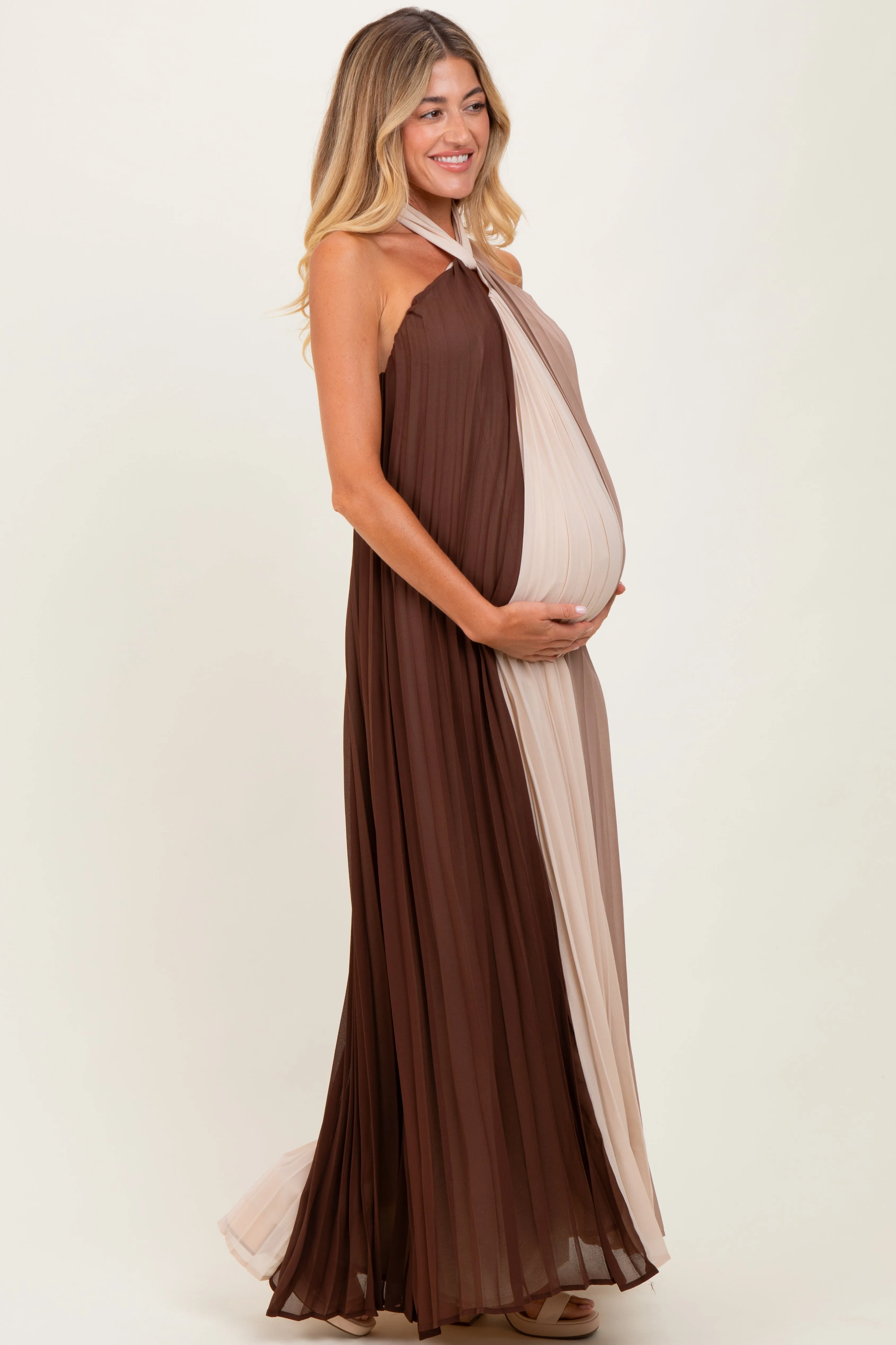 Brown Colorblock Pleated Halter Neck Maternity Maxi Dress sold by Pinkblush product image thumbnail 3