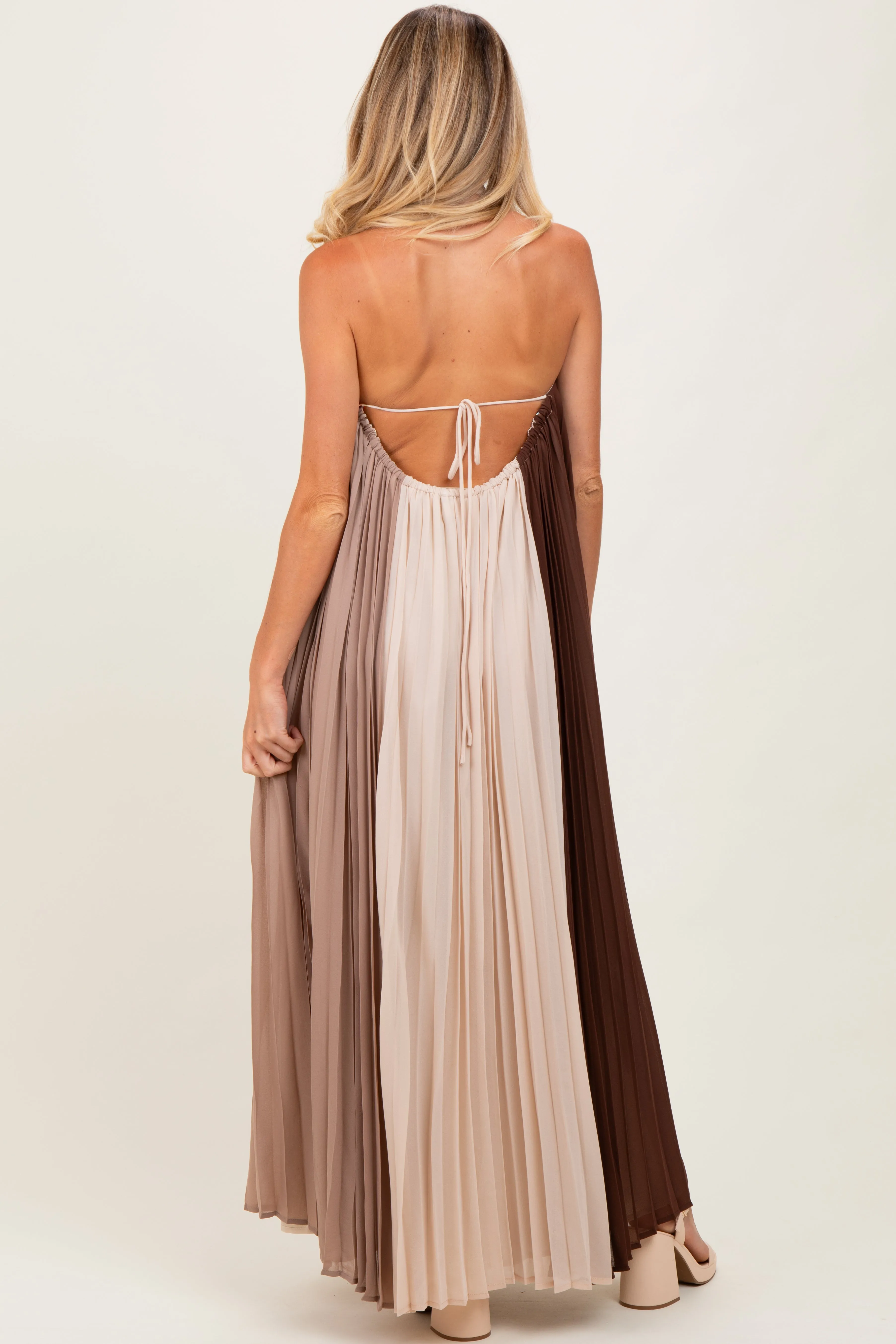 Brown Colorblock Pleated Halter Neck Maternity Maxi Dress sold by Pinkblush product image thumbnail 4