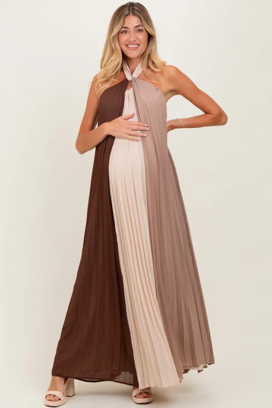 Brown Colorblock Pleated Halter Neck Maternity Maxi Dress sold by Pinkblush
