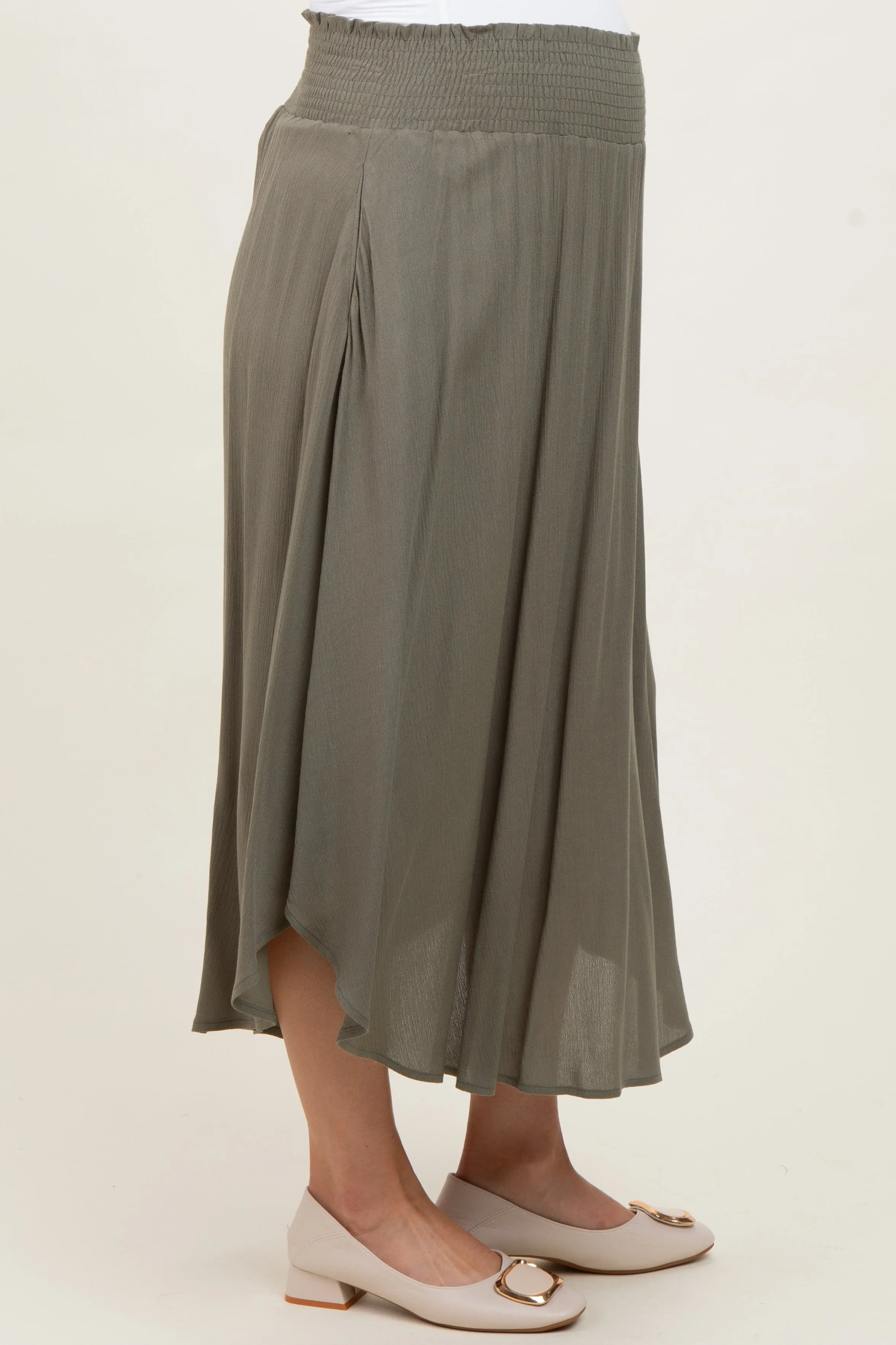 Olive Smocked Waist Rounded Hem Maternity Skirt sold by Pinkblush product image thumbnail 3