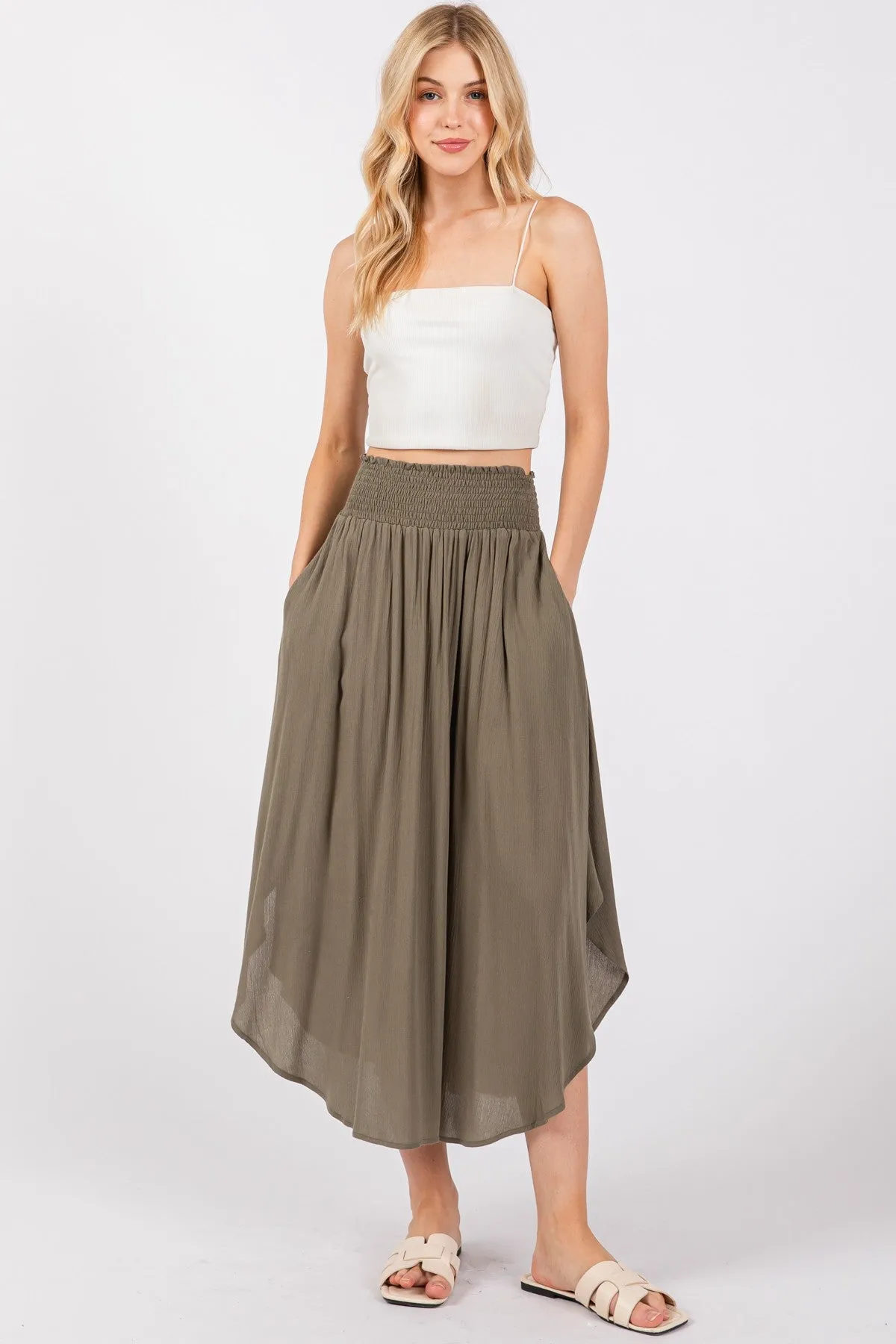 Olive Smocked Waist Rounded Hem Maternity Skirt sold by Pinkblush product image thumbnail 5