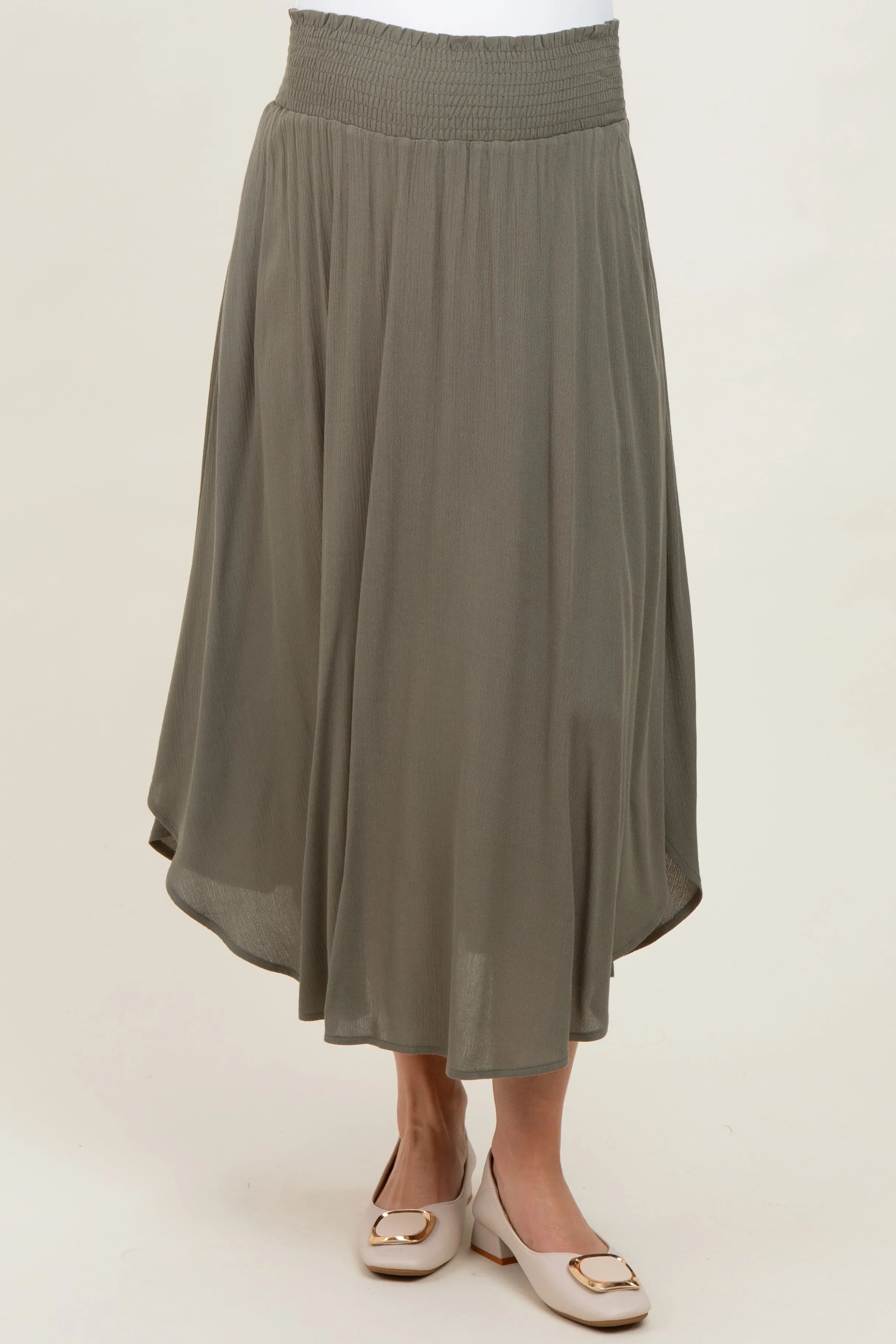 Olive Smocked Waist Rounded Hem Maternity Skirt sold by Pinkblush product image thumbnail 2