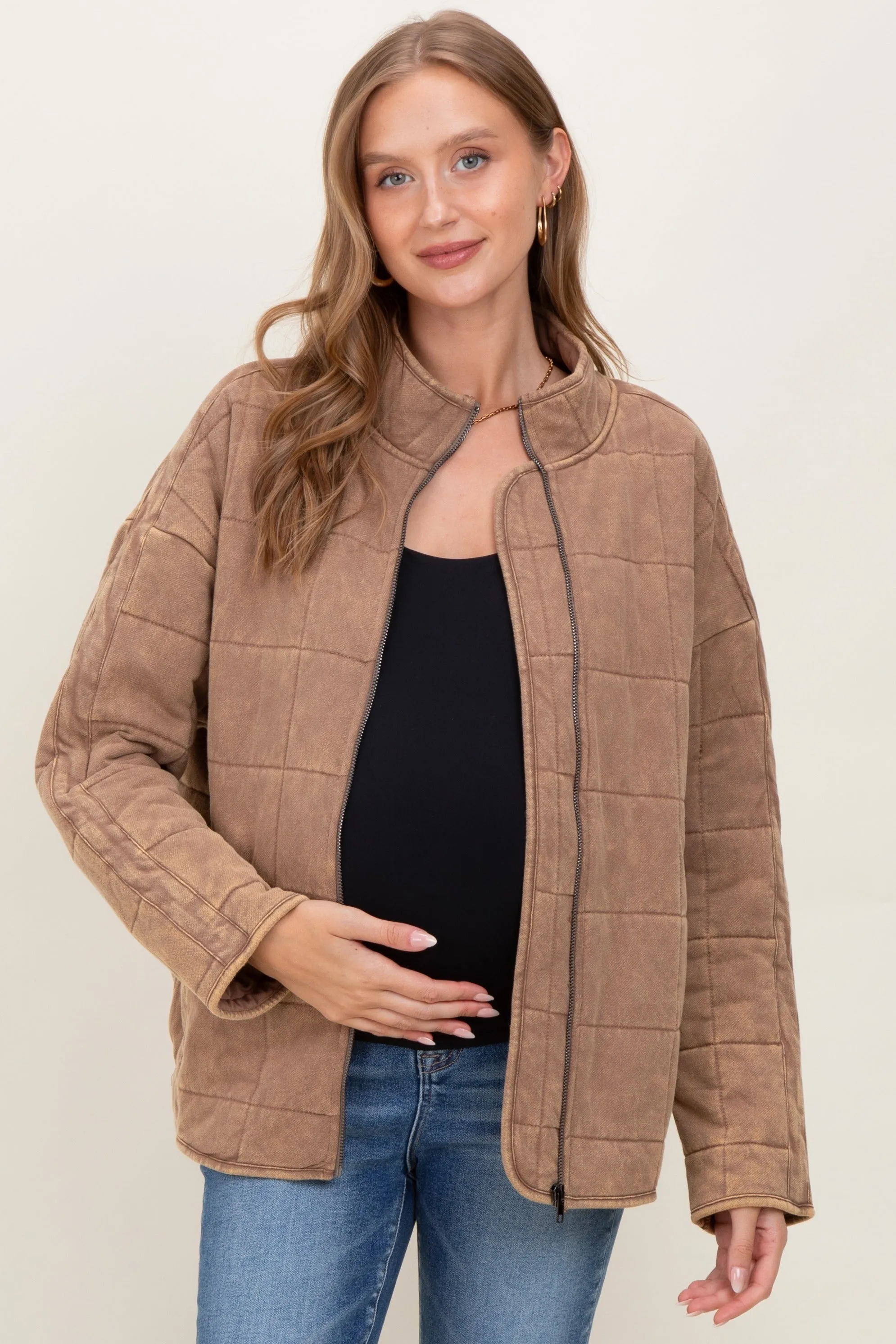 Mocha Quilted Oversized Maternity Jacket sold by Pinkblush