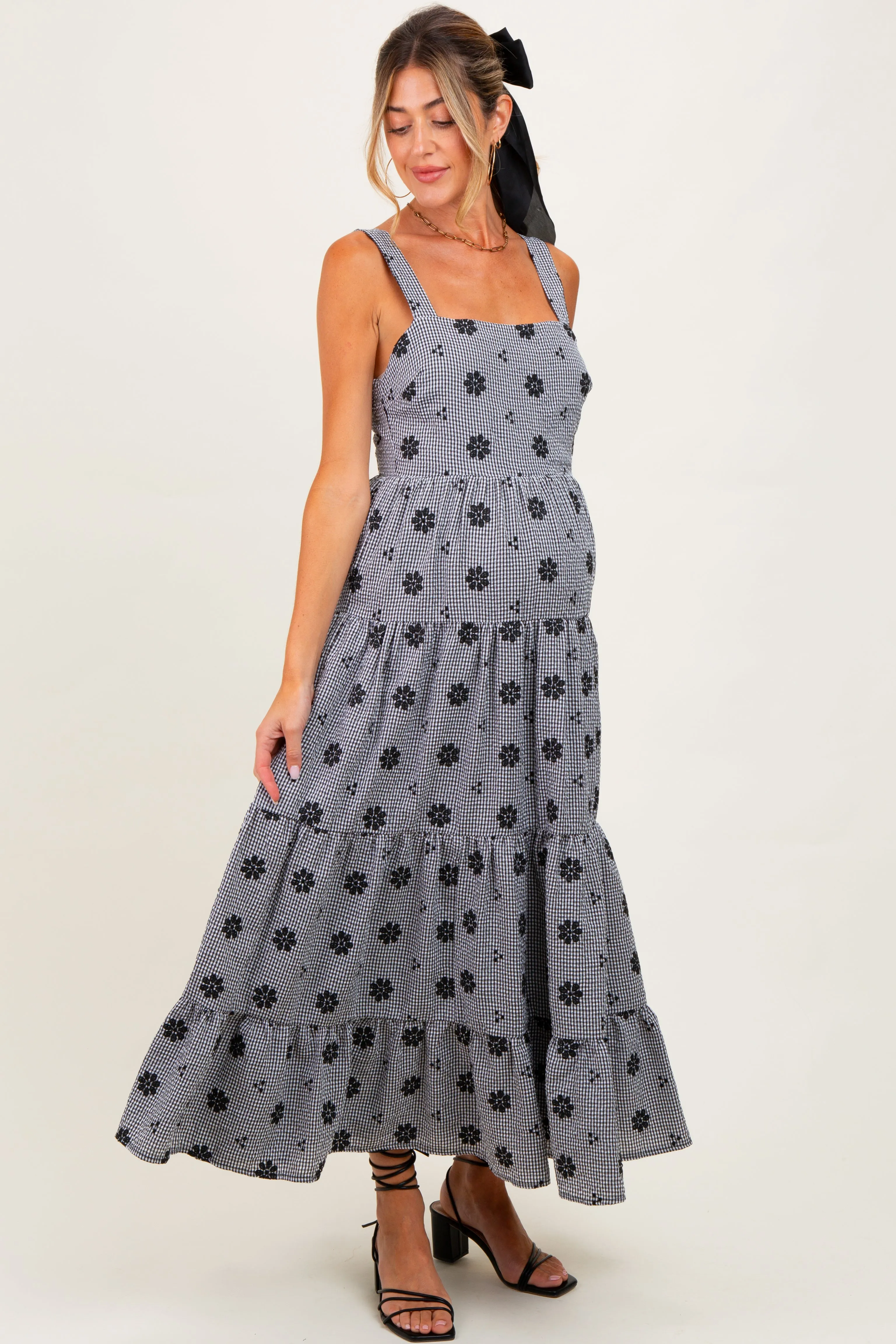 Black Gingham Floral Embroidered Maternity Maxi Dress sold by Pinkblush product image thumbnail 2