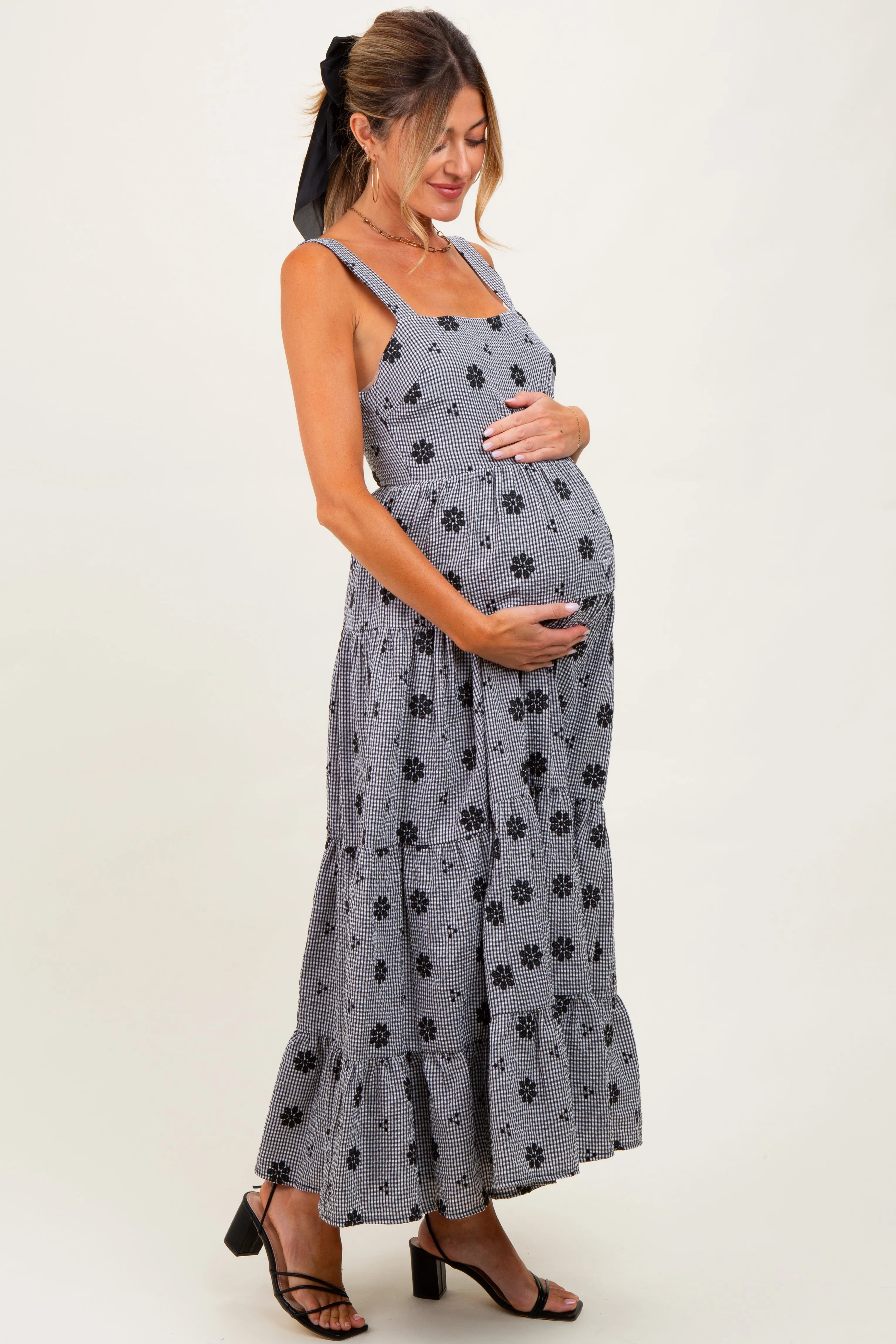 Black Gingham Floral Embroidered Maternity Maxi Dress sold by Pinkblush product image thumbnail 3