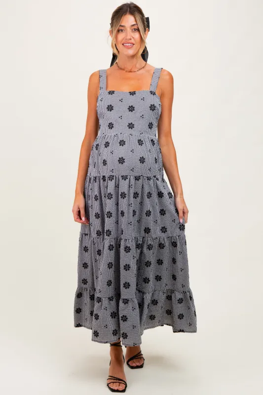 Black Gingham Floral Embroidered Maternity Maxi Dress sold by Pinkblush