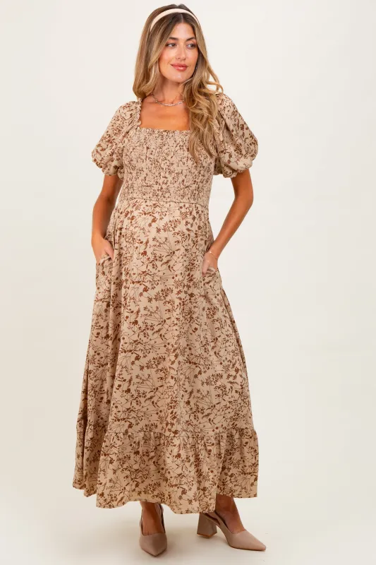 Mocha Leaf Print Smocked Square Neck Puff Sleeve Maternity Maxi Dress sold by Pinkblush