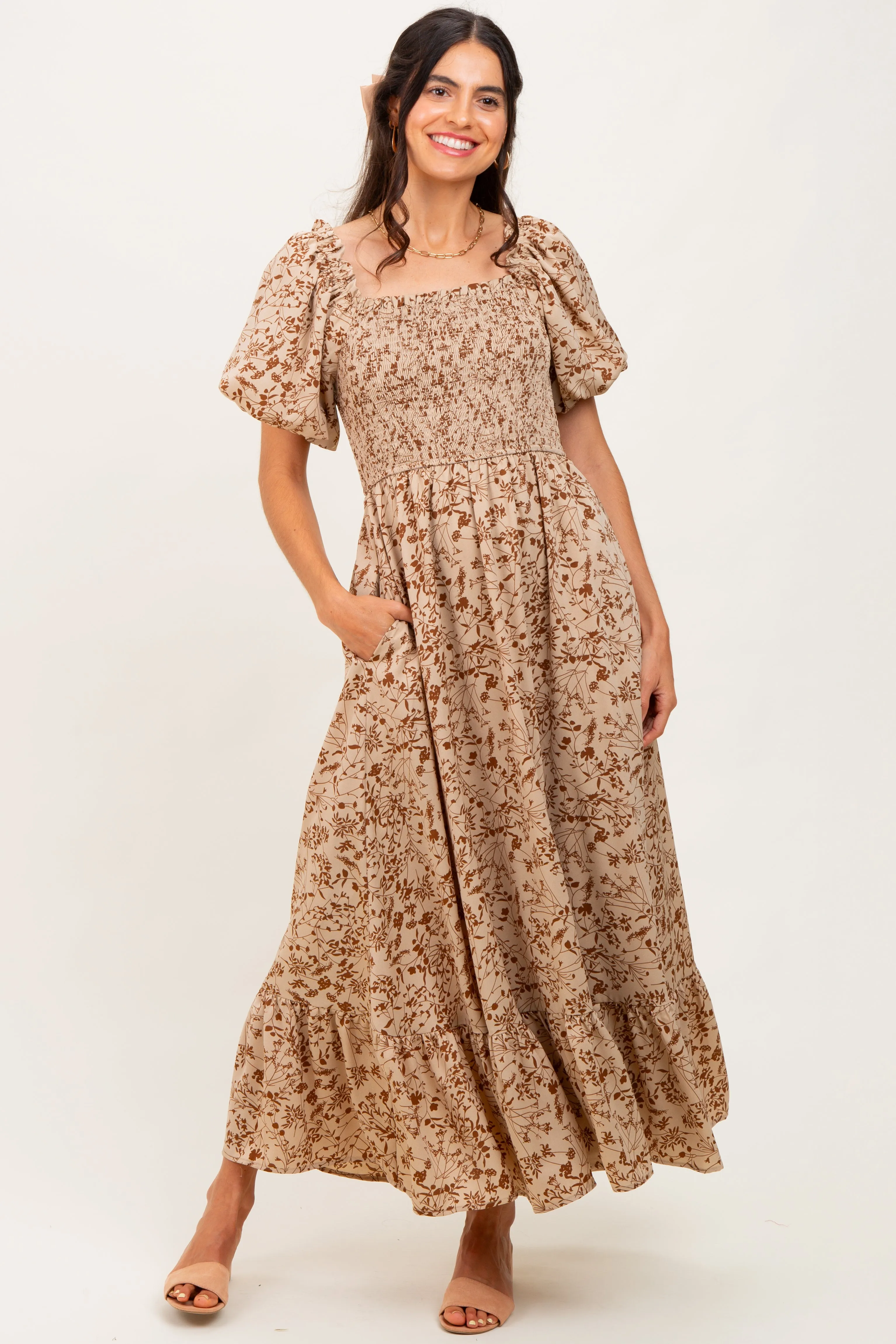 Mocha Leaf Print Smocked Square Neck Puff Sleeve Maternity Maxi Dress sold by Pinkblush product image thumbnail 5