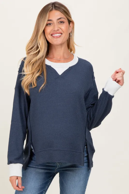 Navy Oversized Contrast Trim Maternity Thermal Pullover sold by Pinkblush