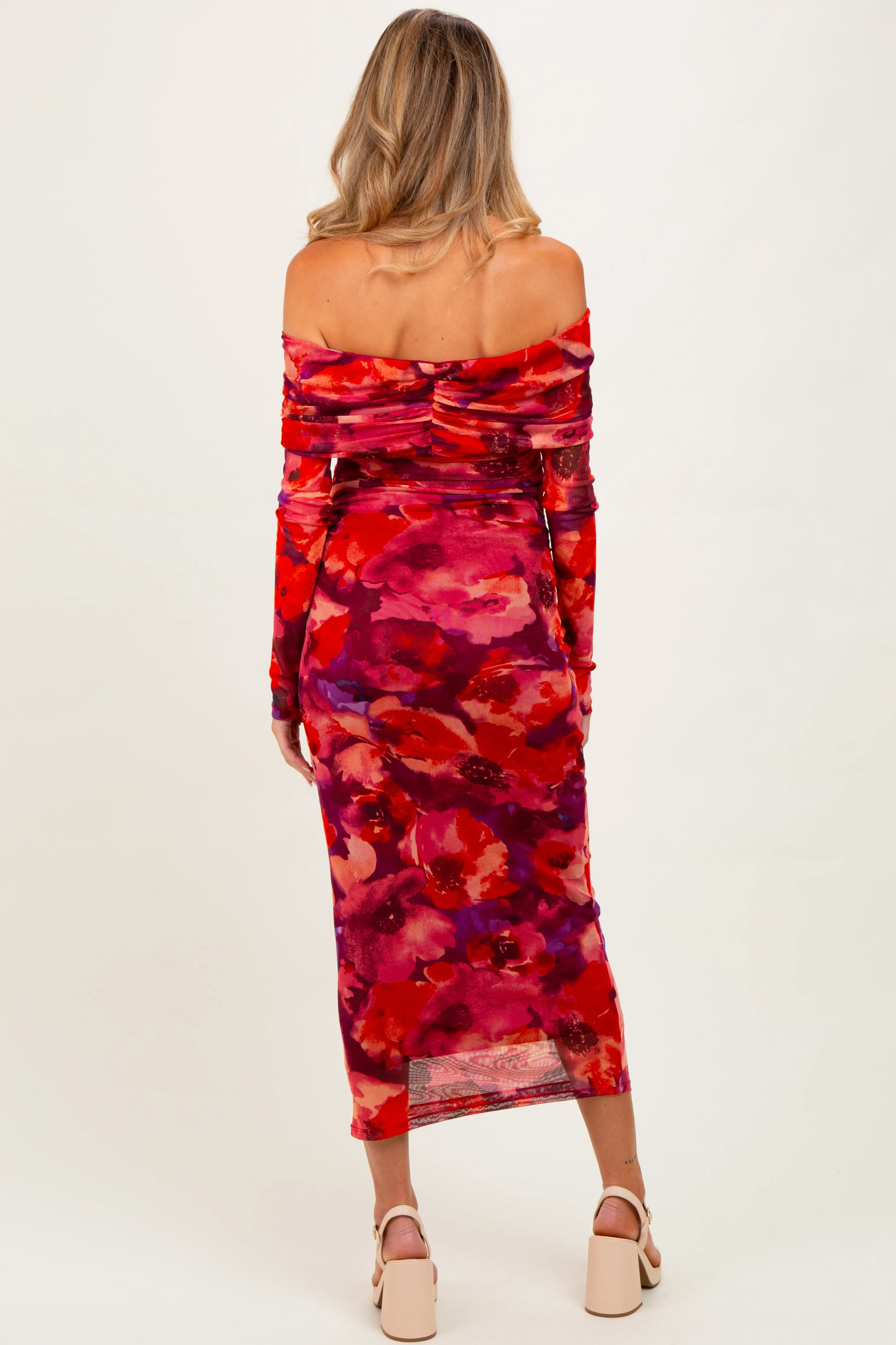 Red Floral Mesh Off Shoulder Long Sleeve Maternity Maxi Dress sold by Pinkblush product image thumbnail 3