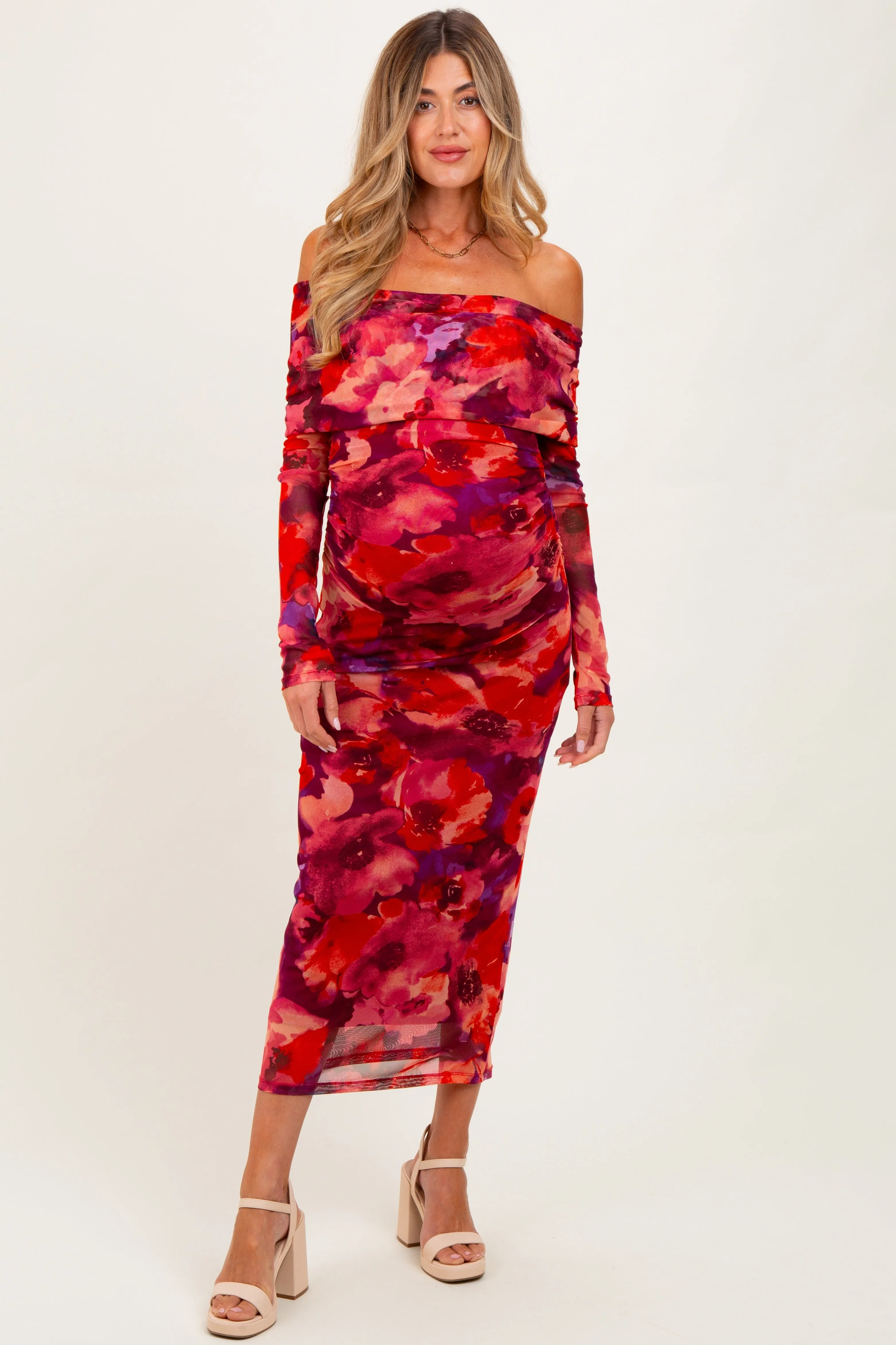 Red Floral Mesh Off Shoulder Long Sleeve Maternity Maxi Dress sold by Pinkblush
