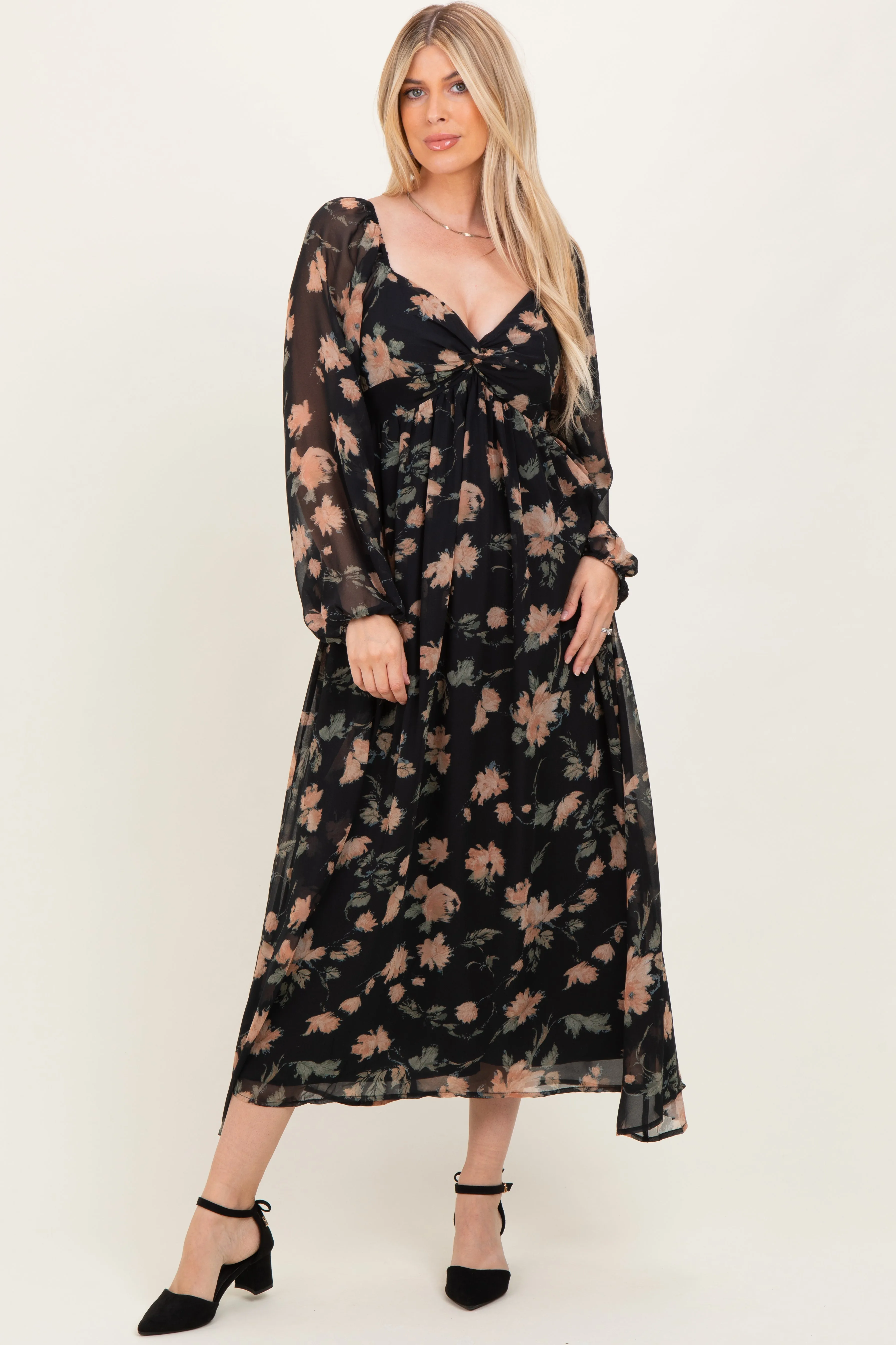 Black/Peach Floral Knotted Bust Chiffon Maternity Midi Dress sold by Pinkblush product image thumbnail 5