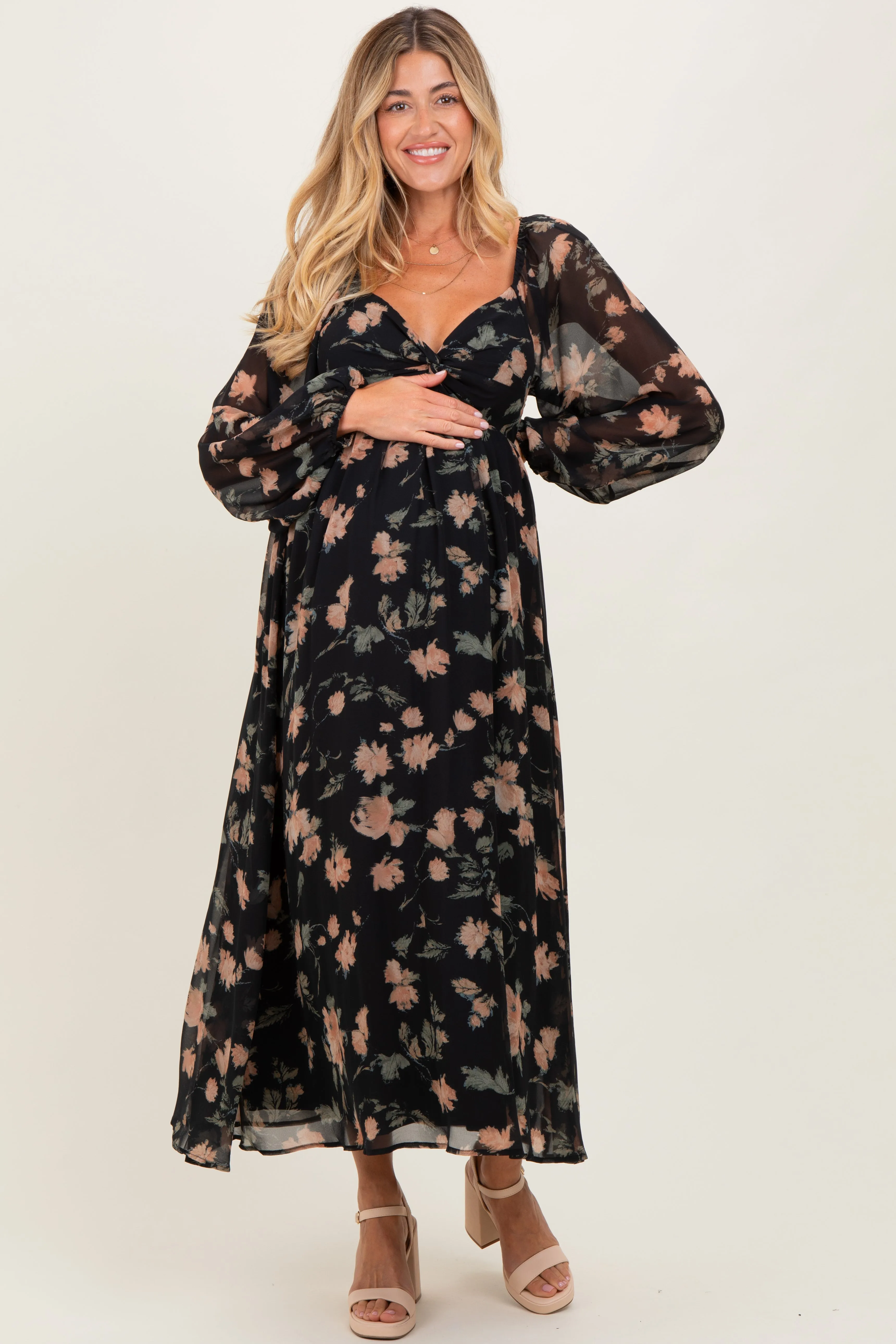 Black/Peach Floral Knotted Bust Chiffon Maternity Midi Dress sold by Pinkblush product image thumbnail 2