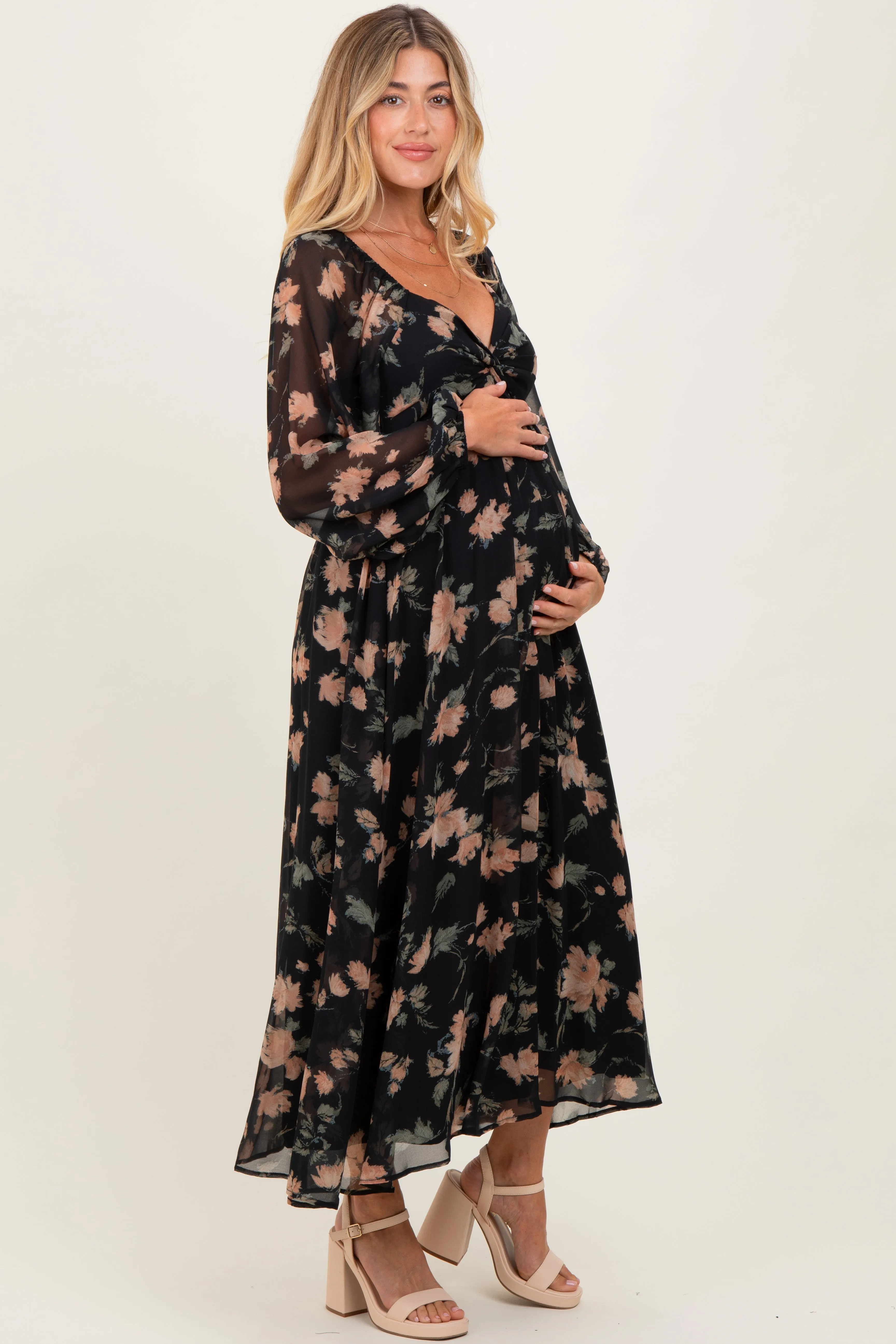 Black/Peach Floral Knotted Bust Chiffon Maternity Midi Dress sold by Pinkblush product image thumbnail 3