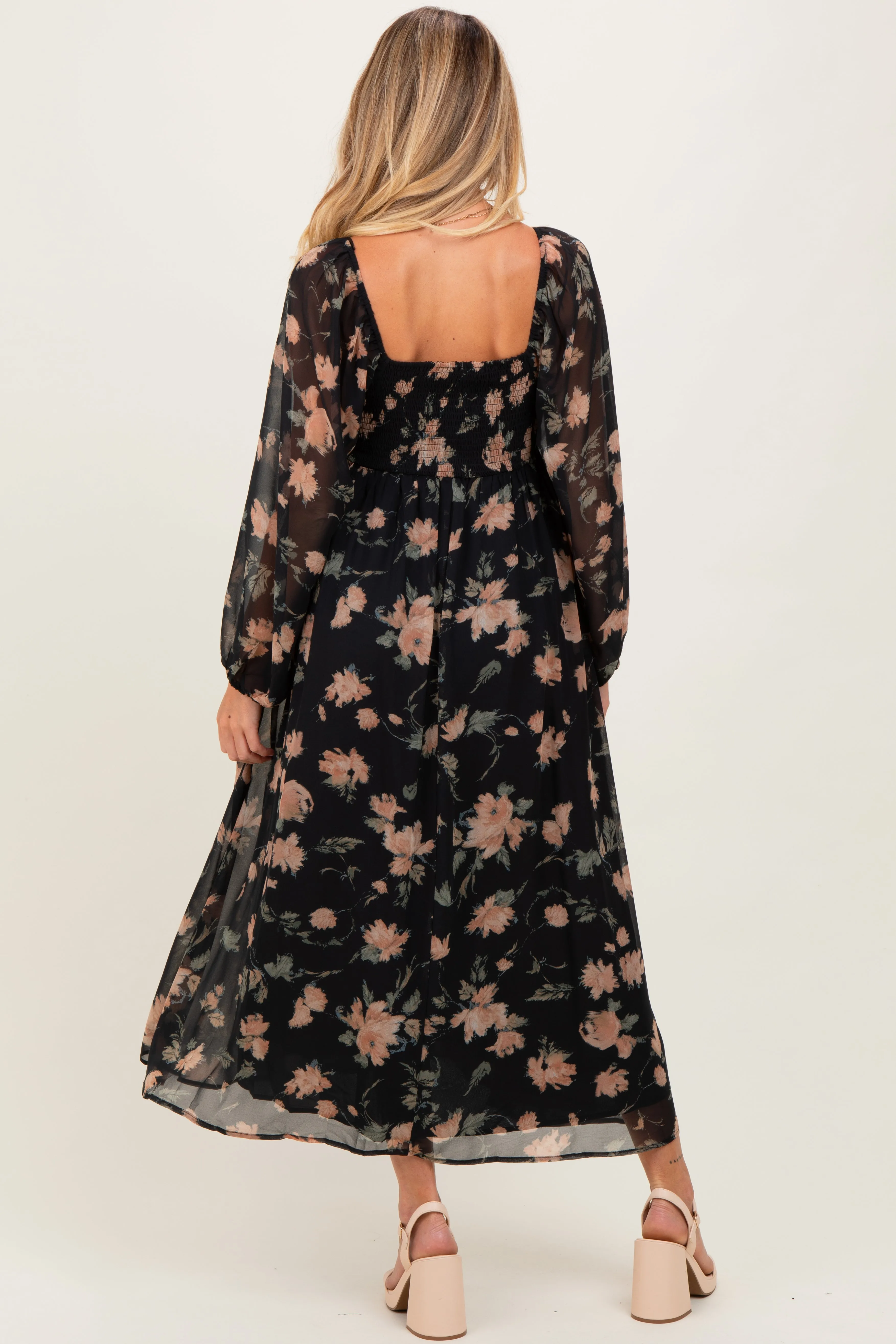 Black/Peach Floral Knotted Bust Chiffon Maternity Midi Dress sold by Pinkblush product image thumbnail 4