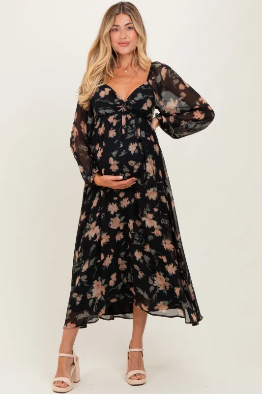 Black/Peach Floral Knotted Bust Chiffon Maternity Midi Dress sold by Pinkblush