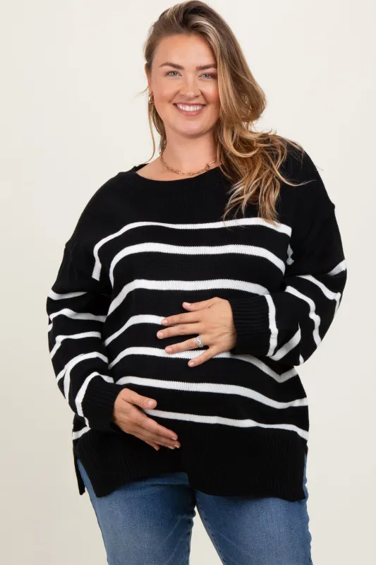 Black Striped Side Slit Maternity Plus Sweater sold by Pinkblush