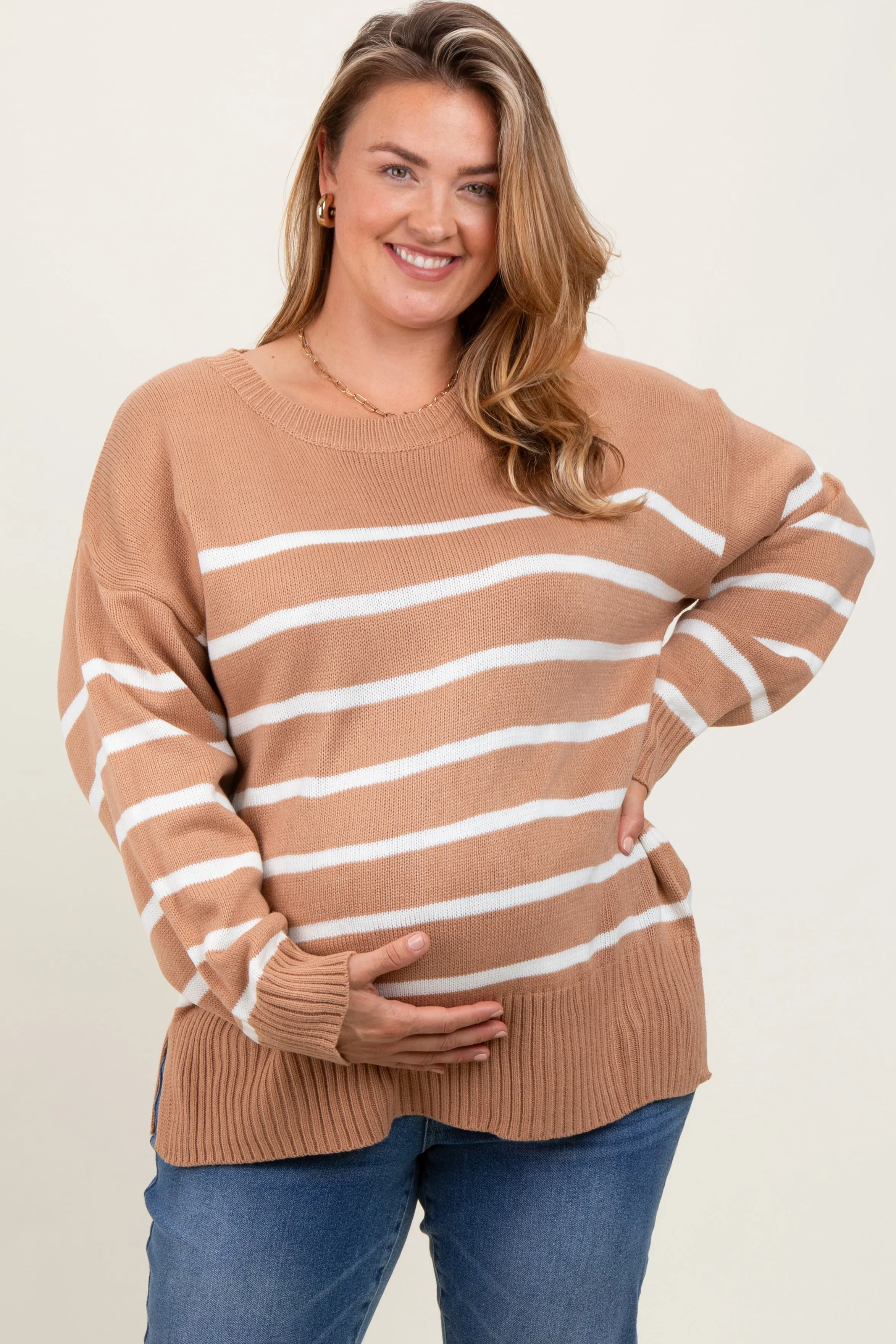 Taupe Striped Side Slit Maternity Plus Sweater sold by Pinkblush