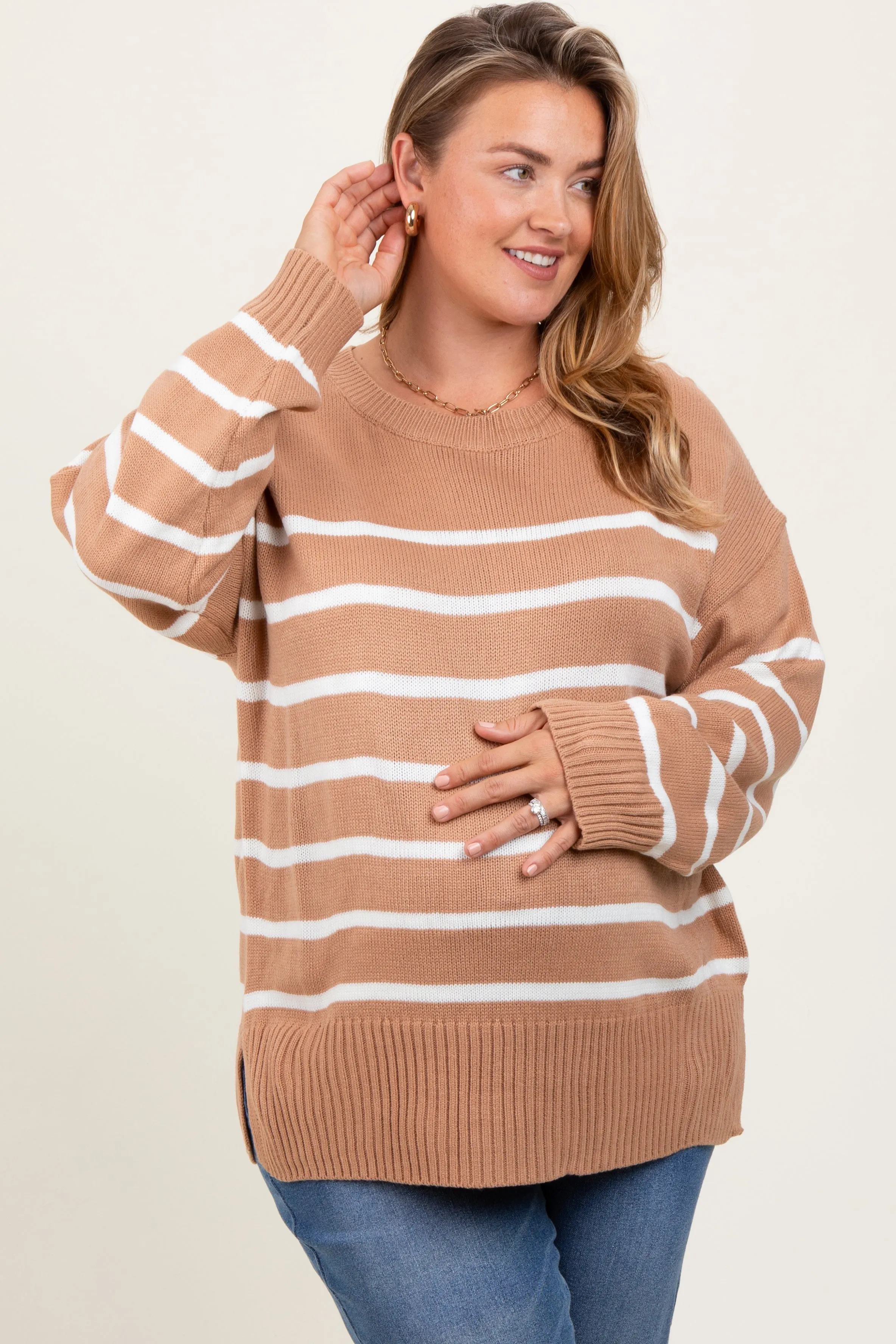 Taupe Striped Side Slit Maternity Plus Sweater sold by Pinkblush product image thumbnail 2