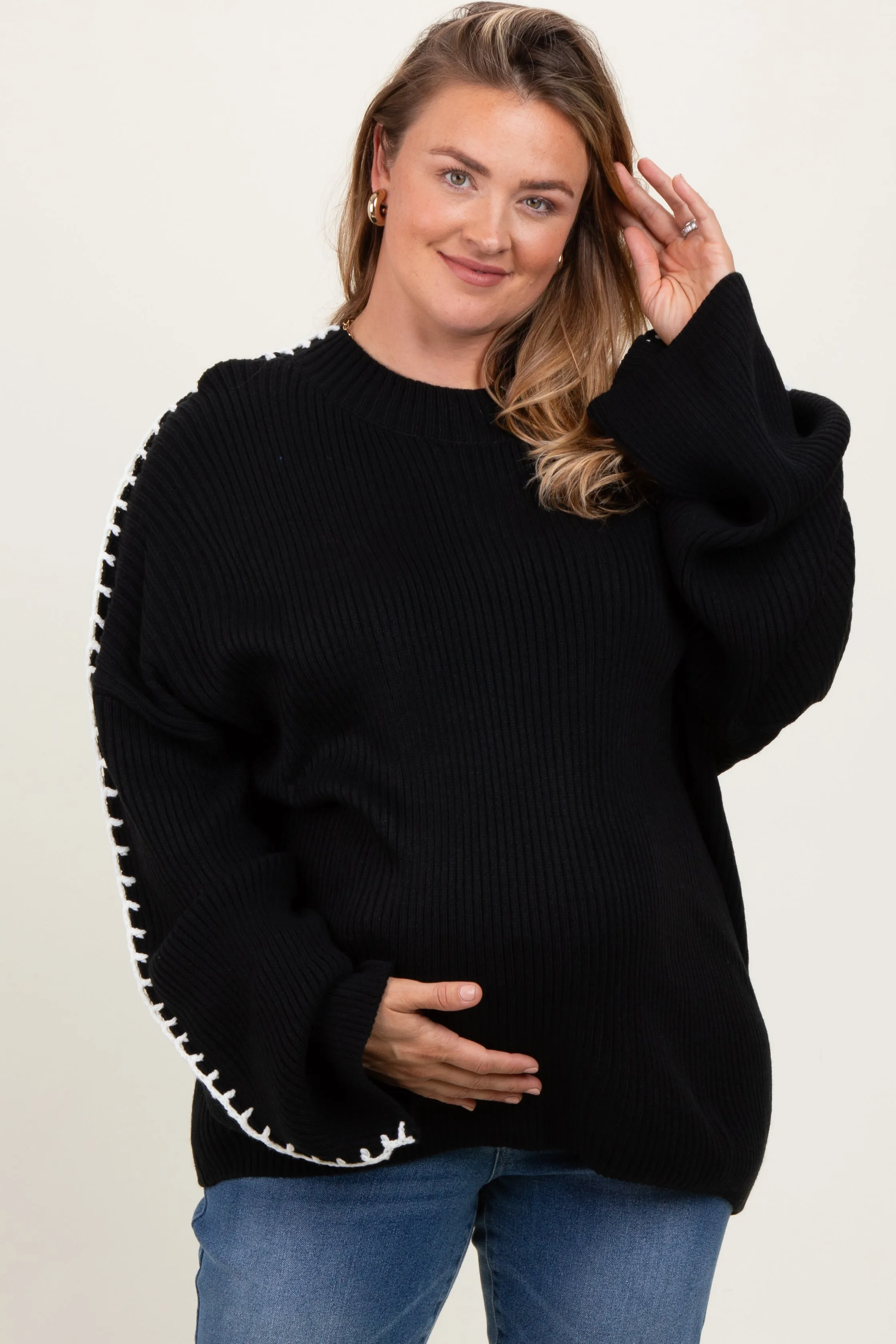 Black Contrast Stitch Maternity Plus Sweater sold by Pinkblush product image thumbnail 2