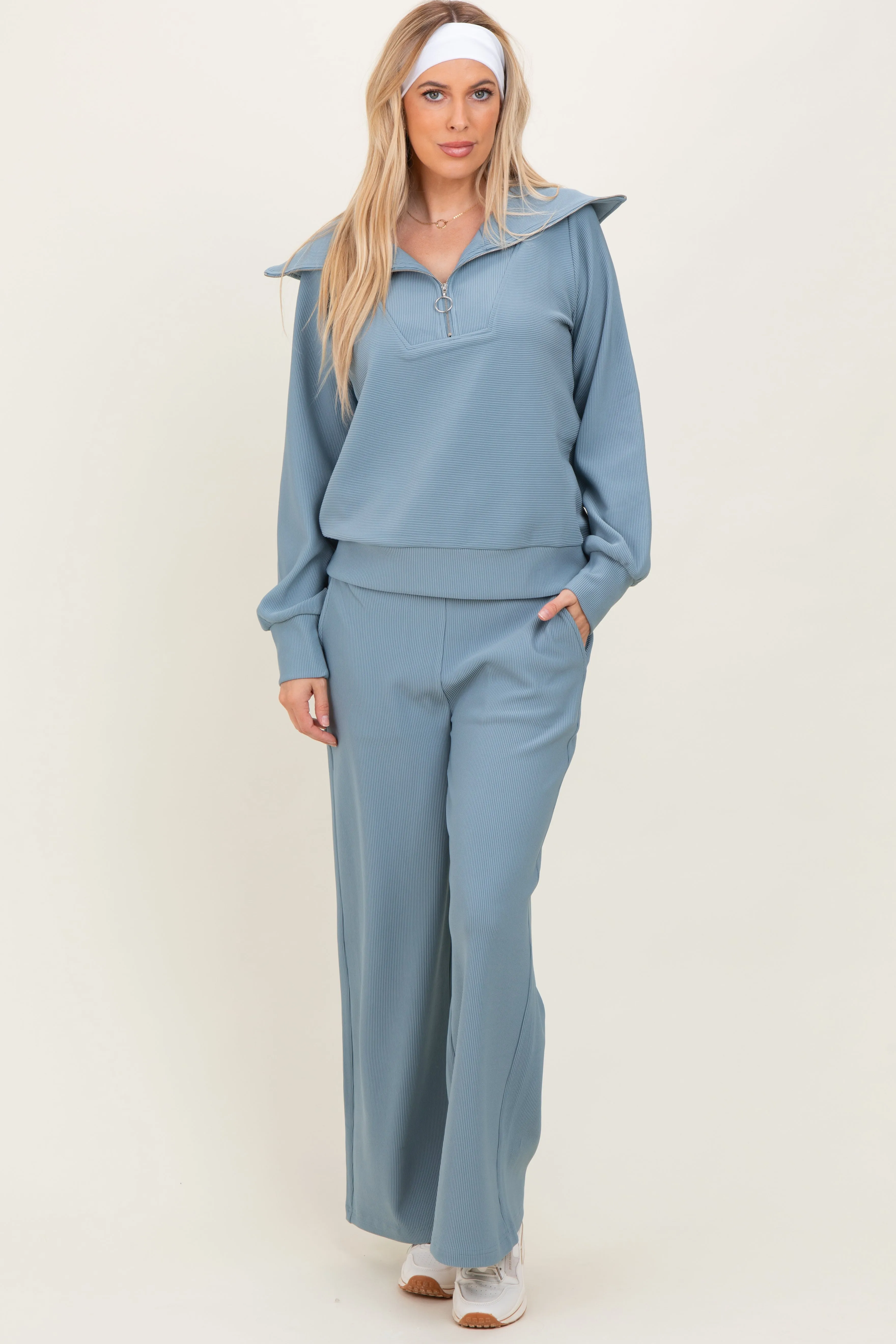Light Blue RIbbed Half Zip Pullover Wide Leg Pant Set sold by Pinkblush product image thumbnail 2