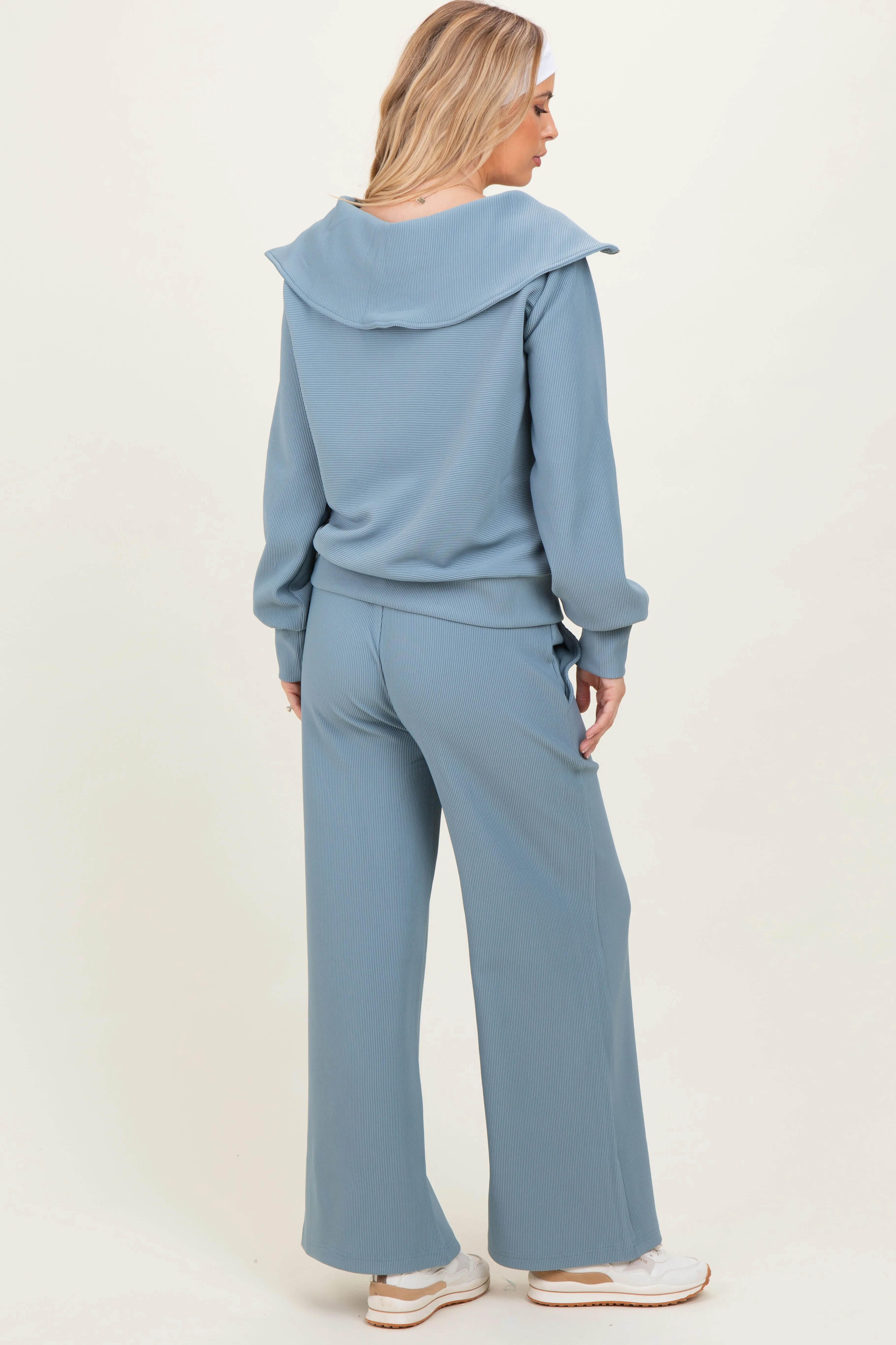 Light Blue RIbbed Half Zip Pullover Wide Leg Pant Set sold by Pinkblush product image thumbnail 3